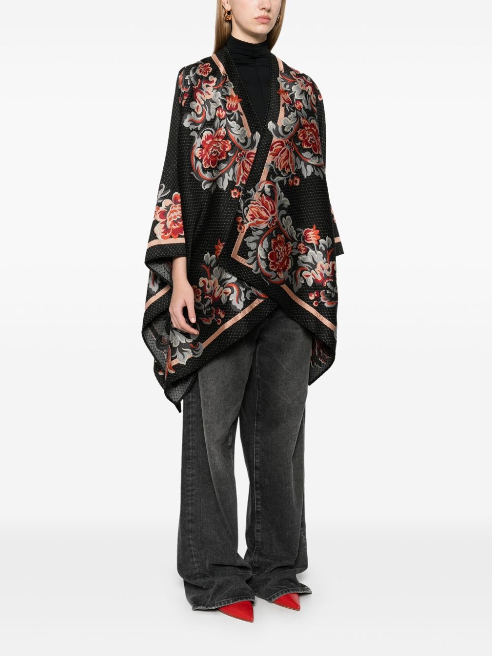 floral-embroidery cape - 3