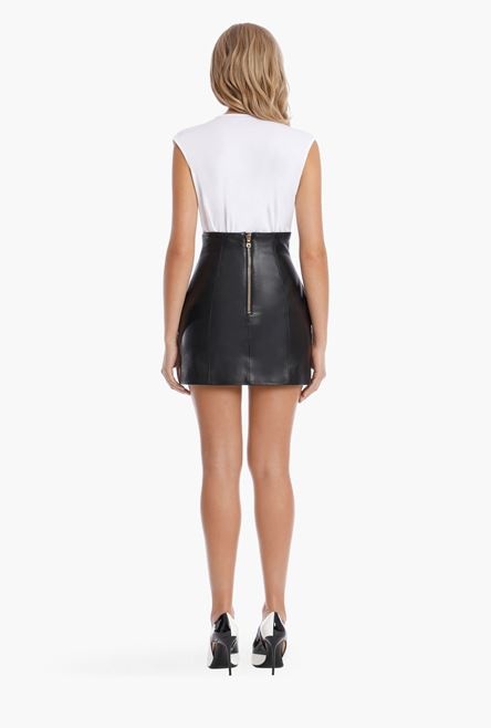 Short black leather high-waisted skirt - 3