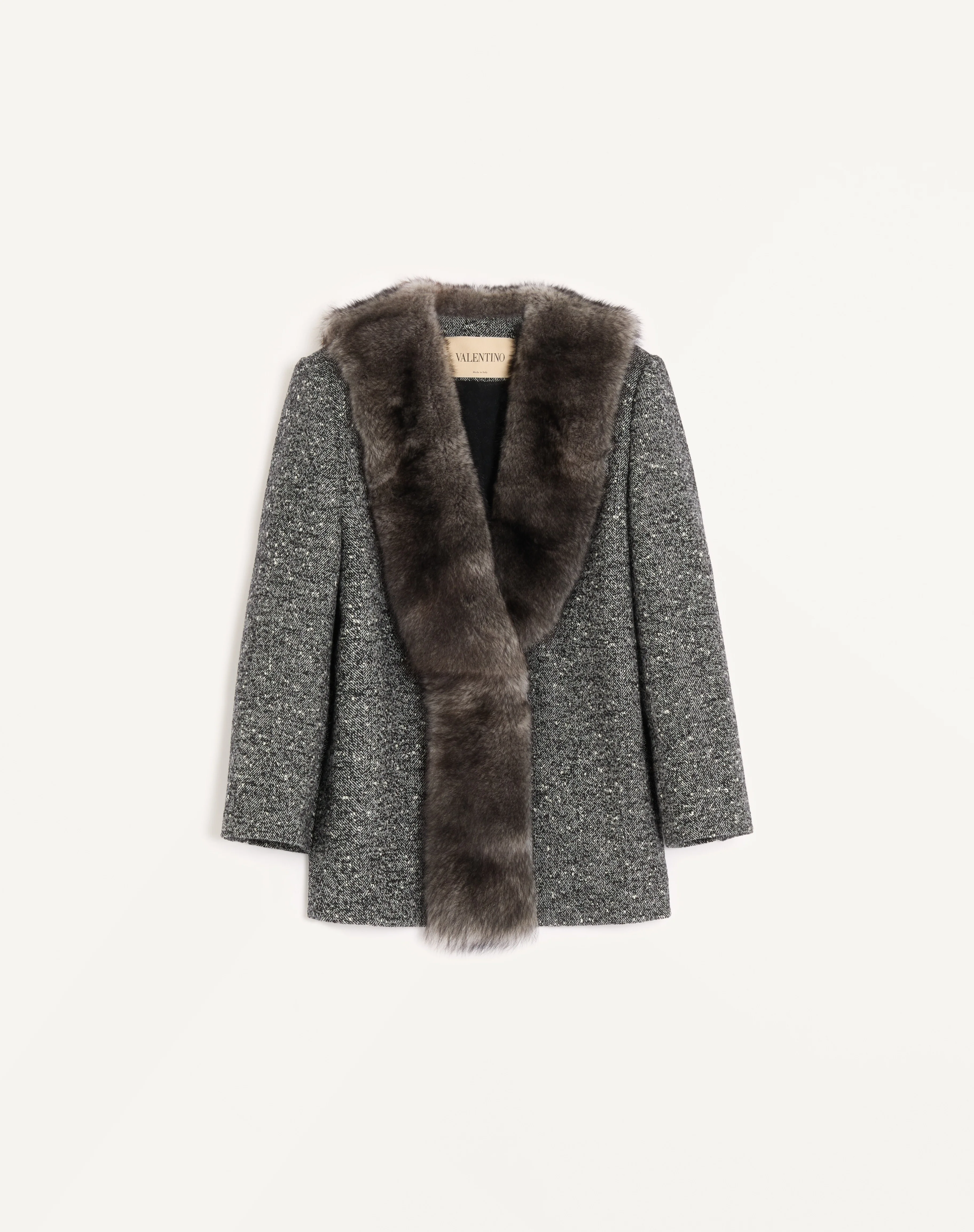 SINGLE-BREASTED CHEVRON BOUCLÉ CABAN WITH SHEARLING - 1