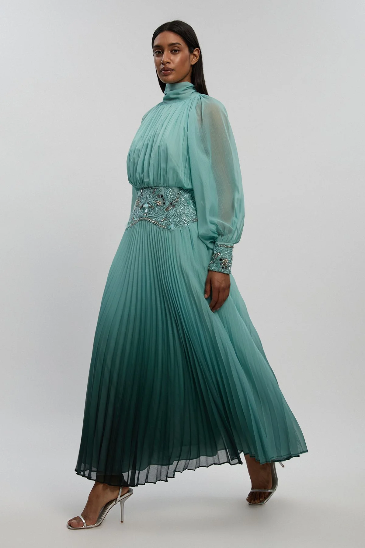 Ombre Crinkle Georgette Embellished Pleat Detail Midi Dress - 1