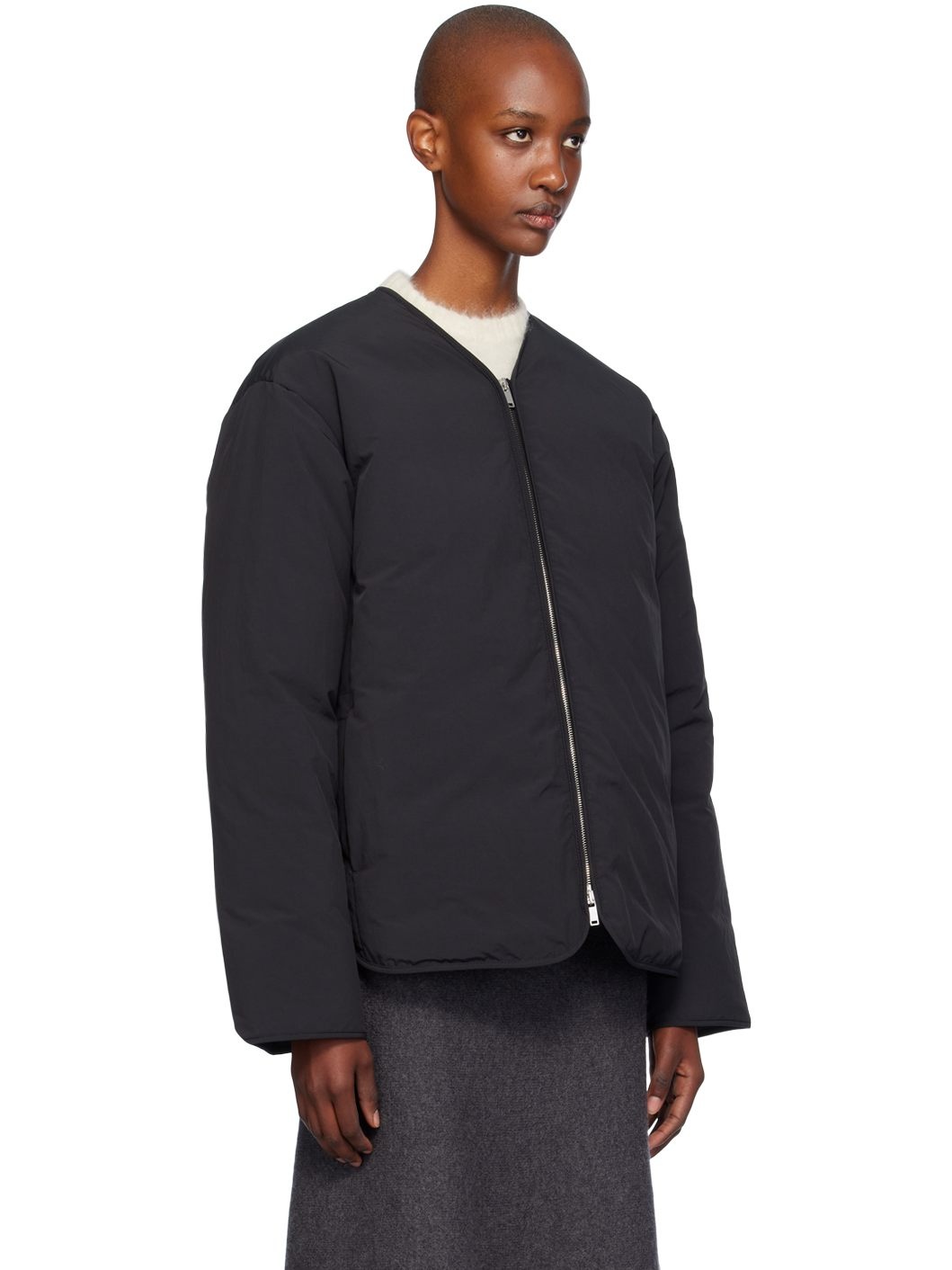 Black Y-Neck Down Jacket - 2