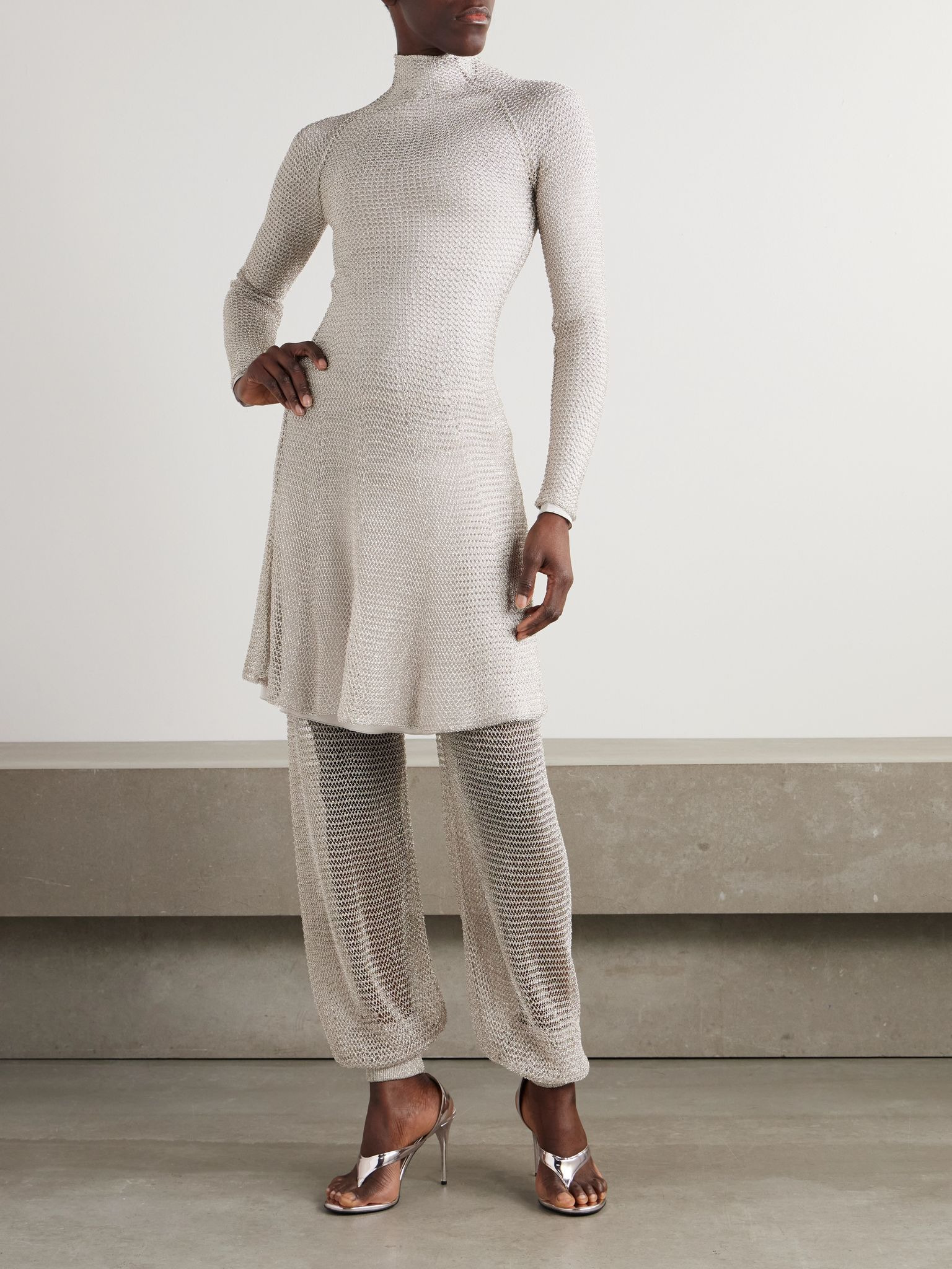 Metallic open-knit turtleneck mini dress Silver - 2