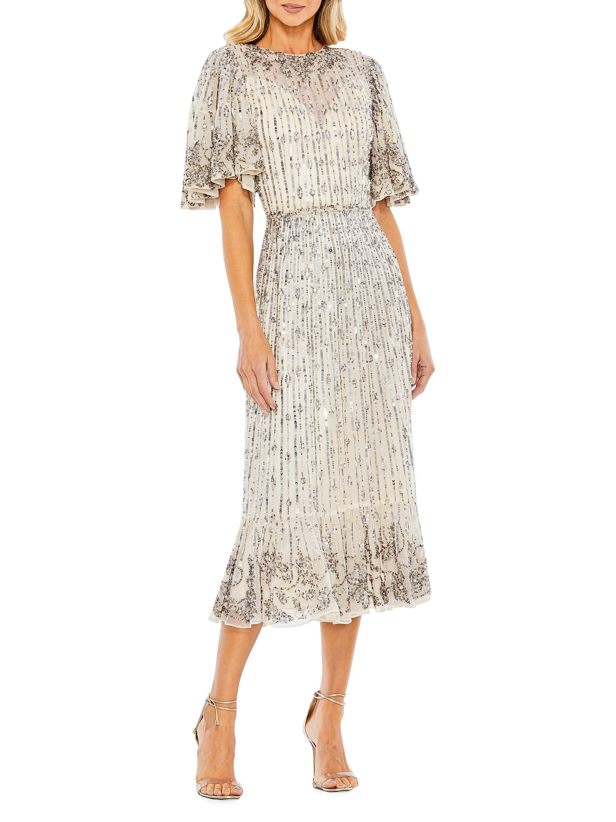 Women's Flounce Sleeve Midi-Dress - Silver - 1