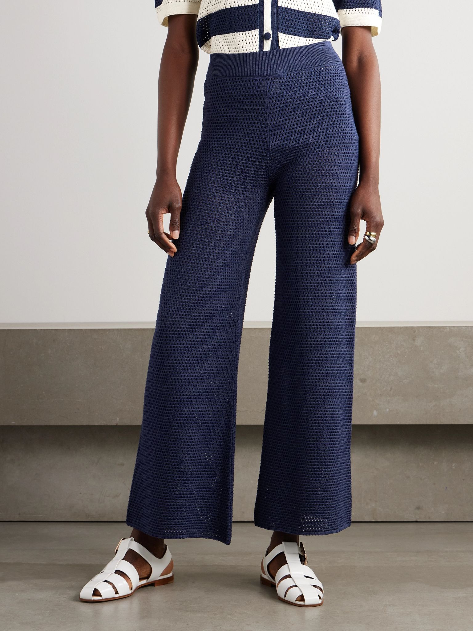 Bayadere Goeland open-knit cotton-blend wide-leg pants Navy - 3