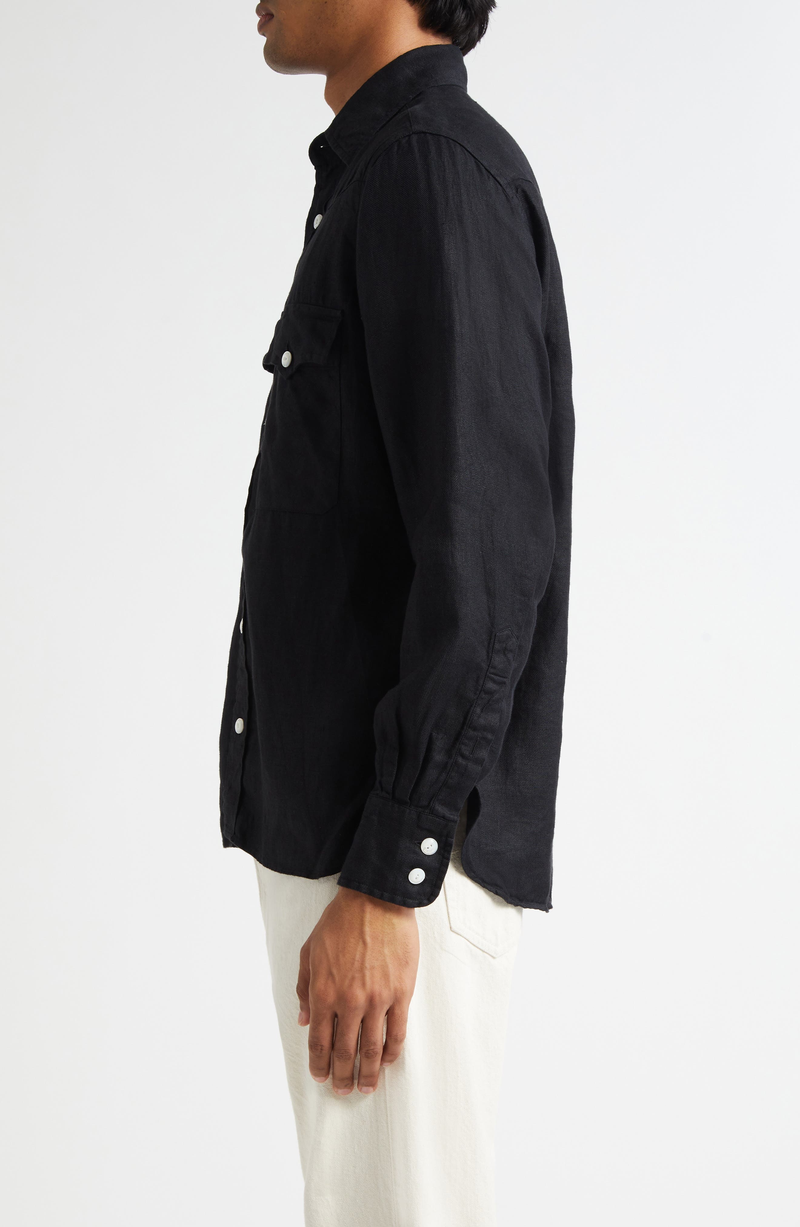 Drake's Linen Twill Western Shirt in 100 Black at Nordstrom - 3