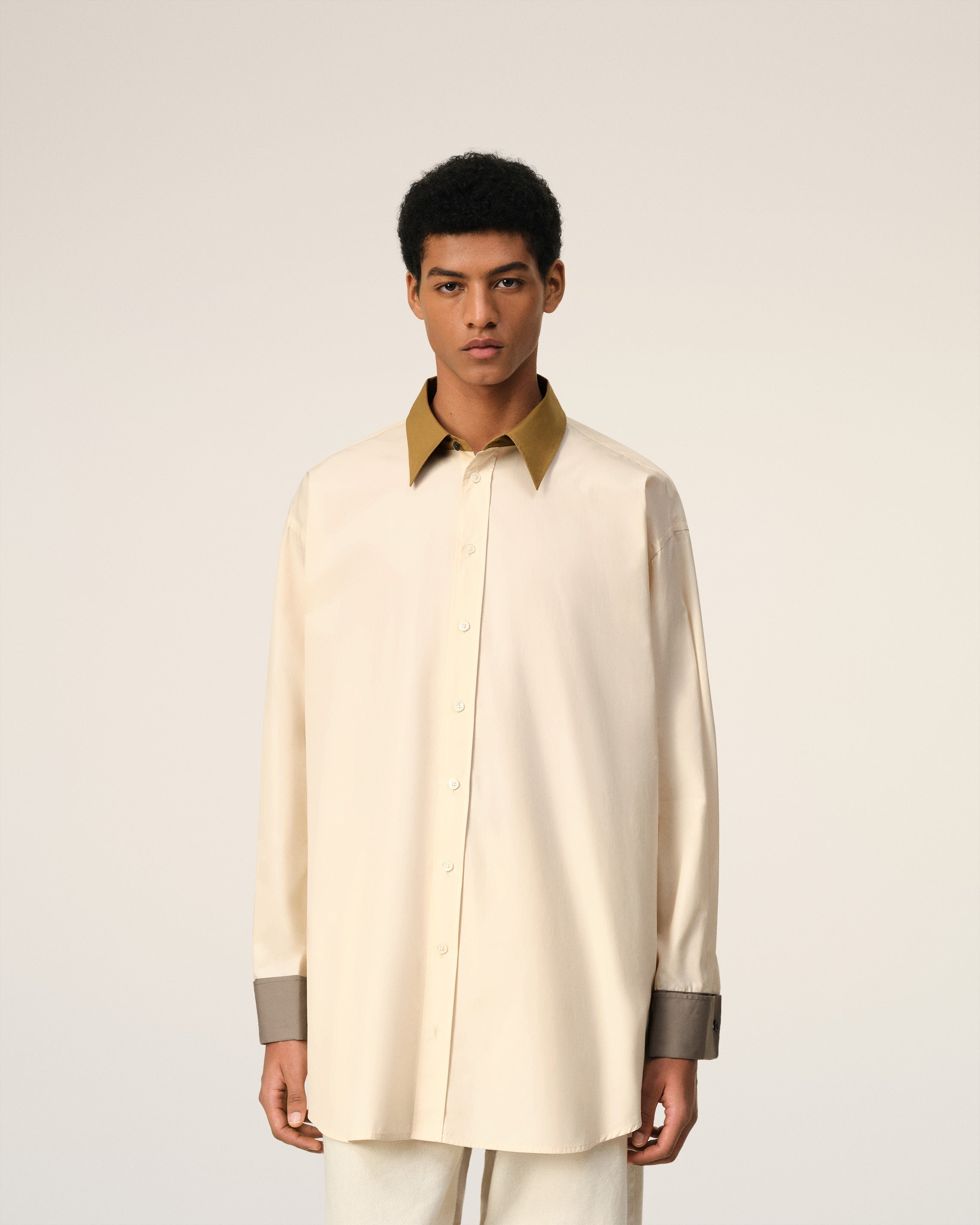 BEIGE COTTON CLASSIC COLLAR LOOSE SHIRT - 3