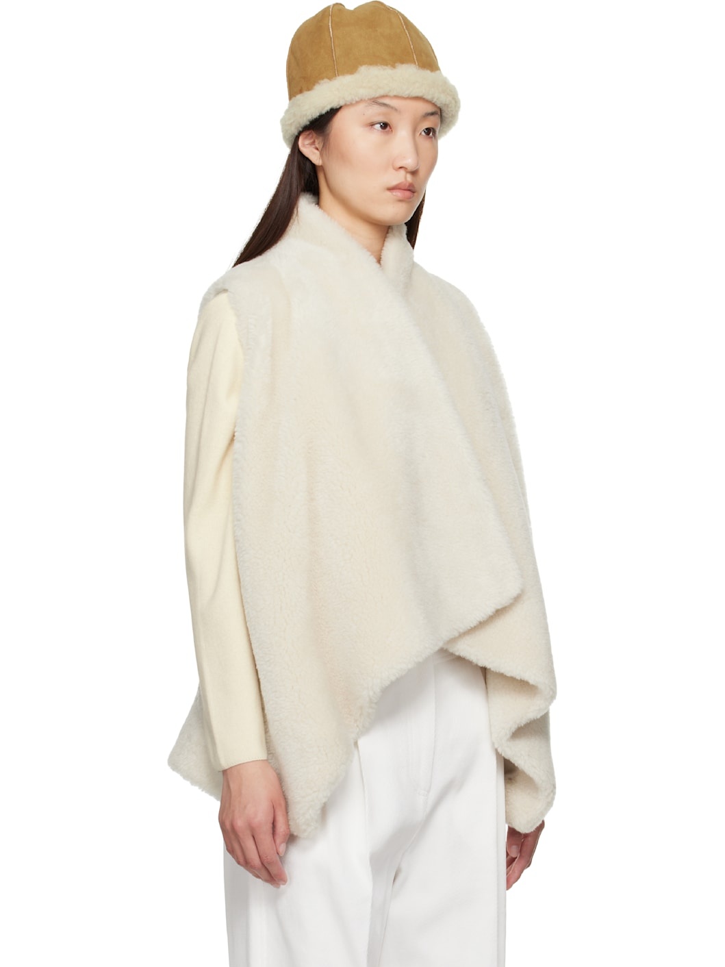 Beige Shawl Collar Faux-Shearling Vest - 2