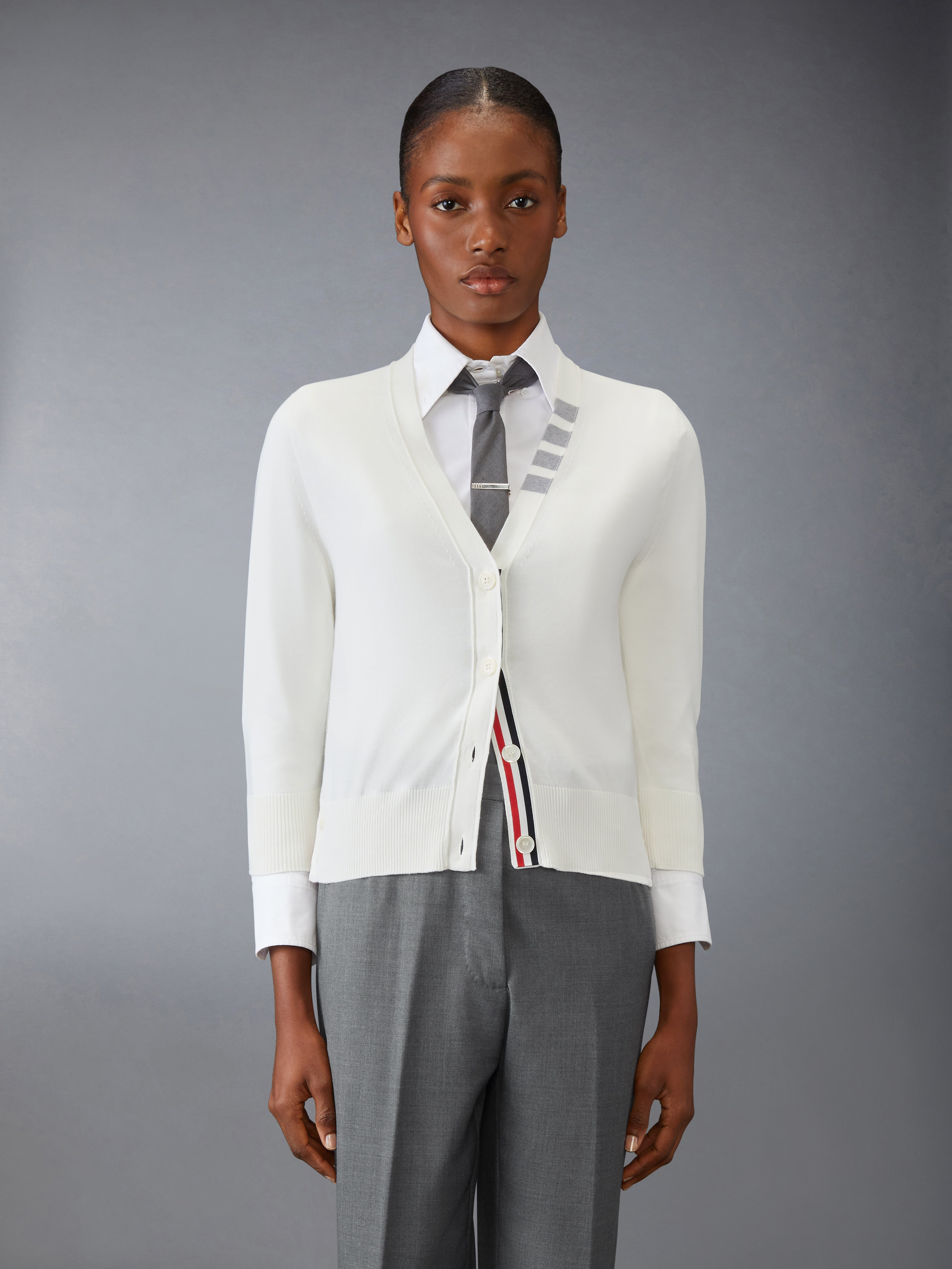 COTTON 4-BAR V NECK CARDIGAN - 2
