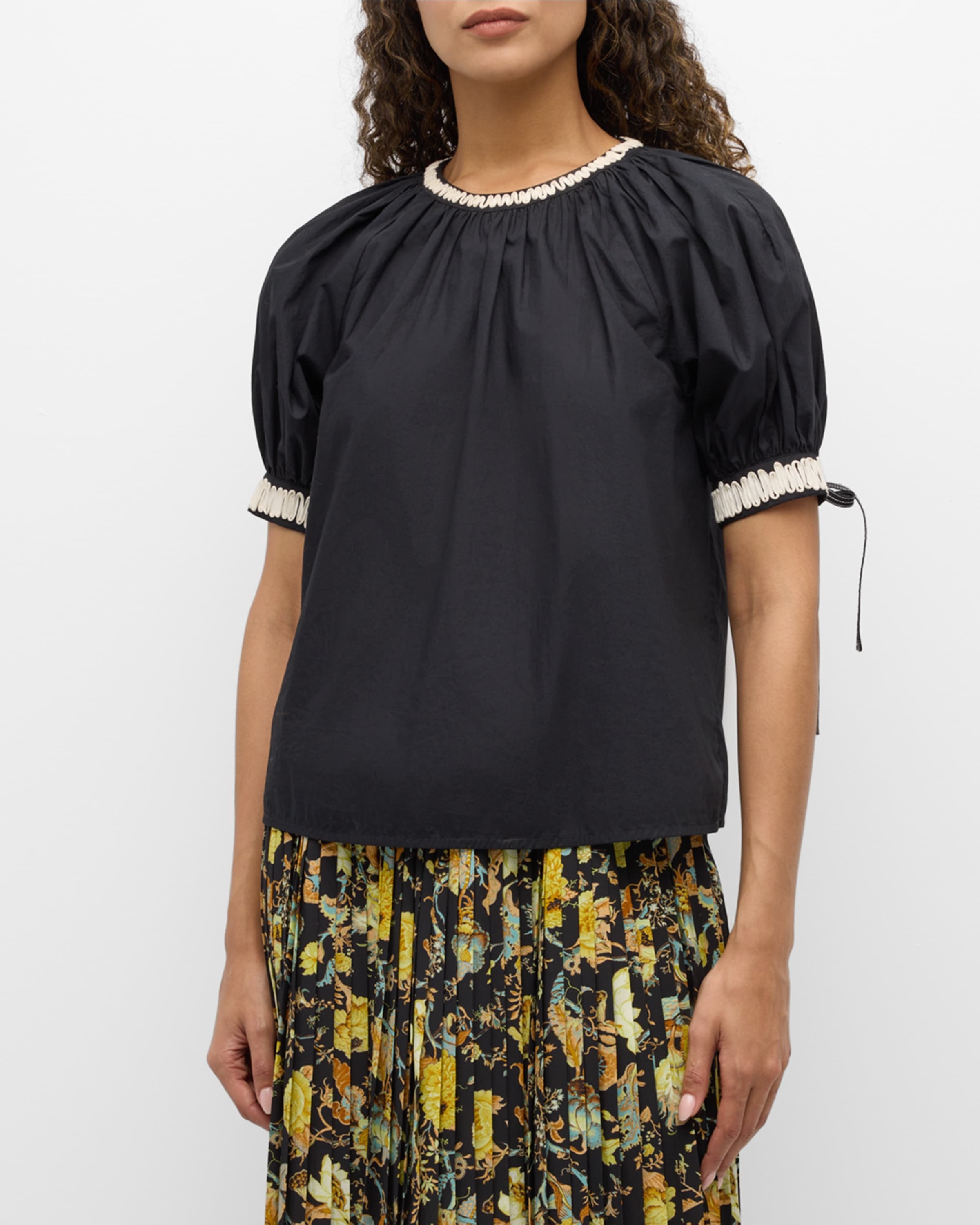 Amara Short-Sleeve Embroidered Tie-Cuff Poplin Top - 2