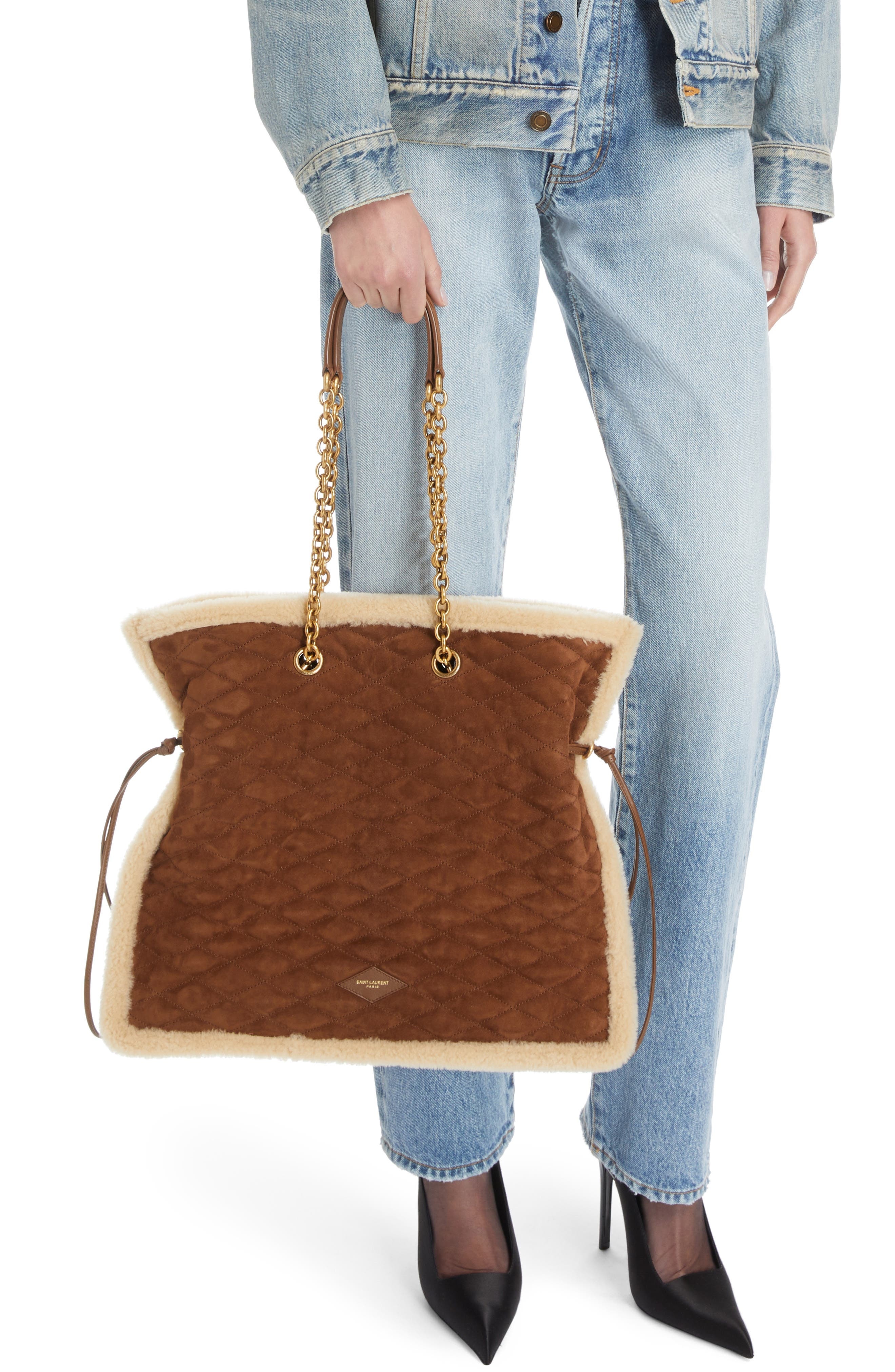Saint Laurent Le Pochon Genuine Shearling Trim Shoulder Bag in Dark Cigar/Natural Beige at Nordstrom - 2