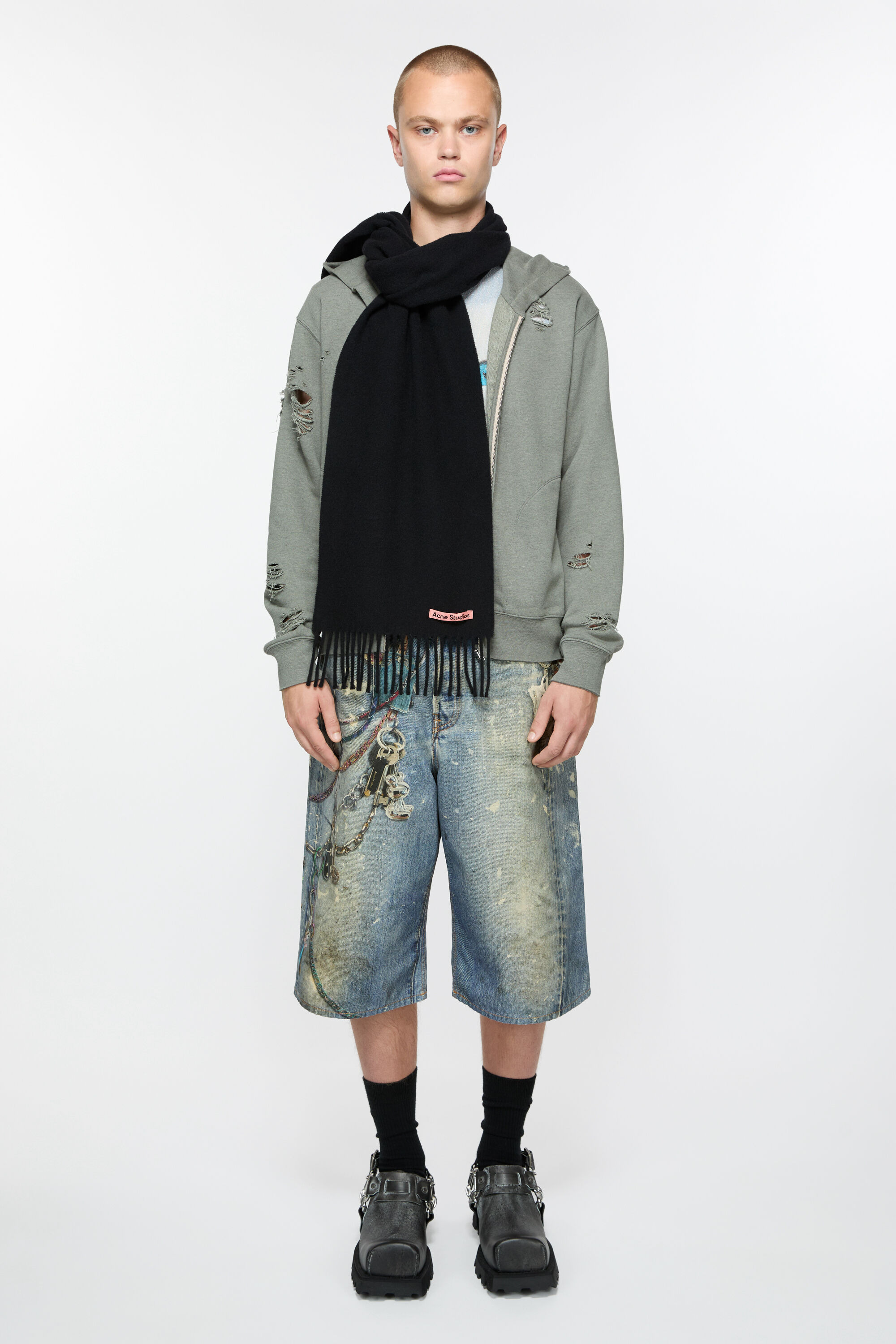 Fringe wool scarf - skinny - Black - 3