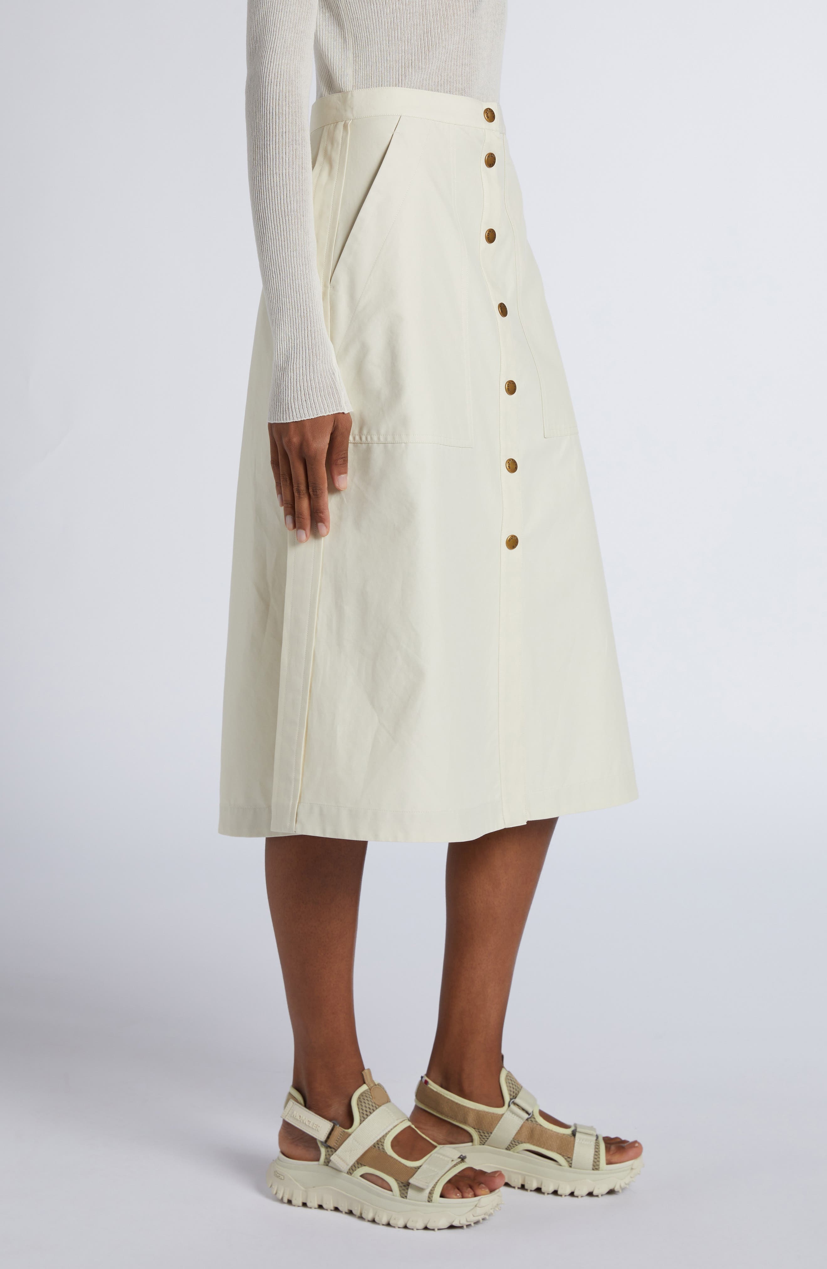 Moncler Snap Front Twill A-Line Skirt in White at Nordstrom - 4