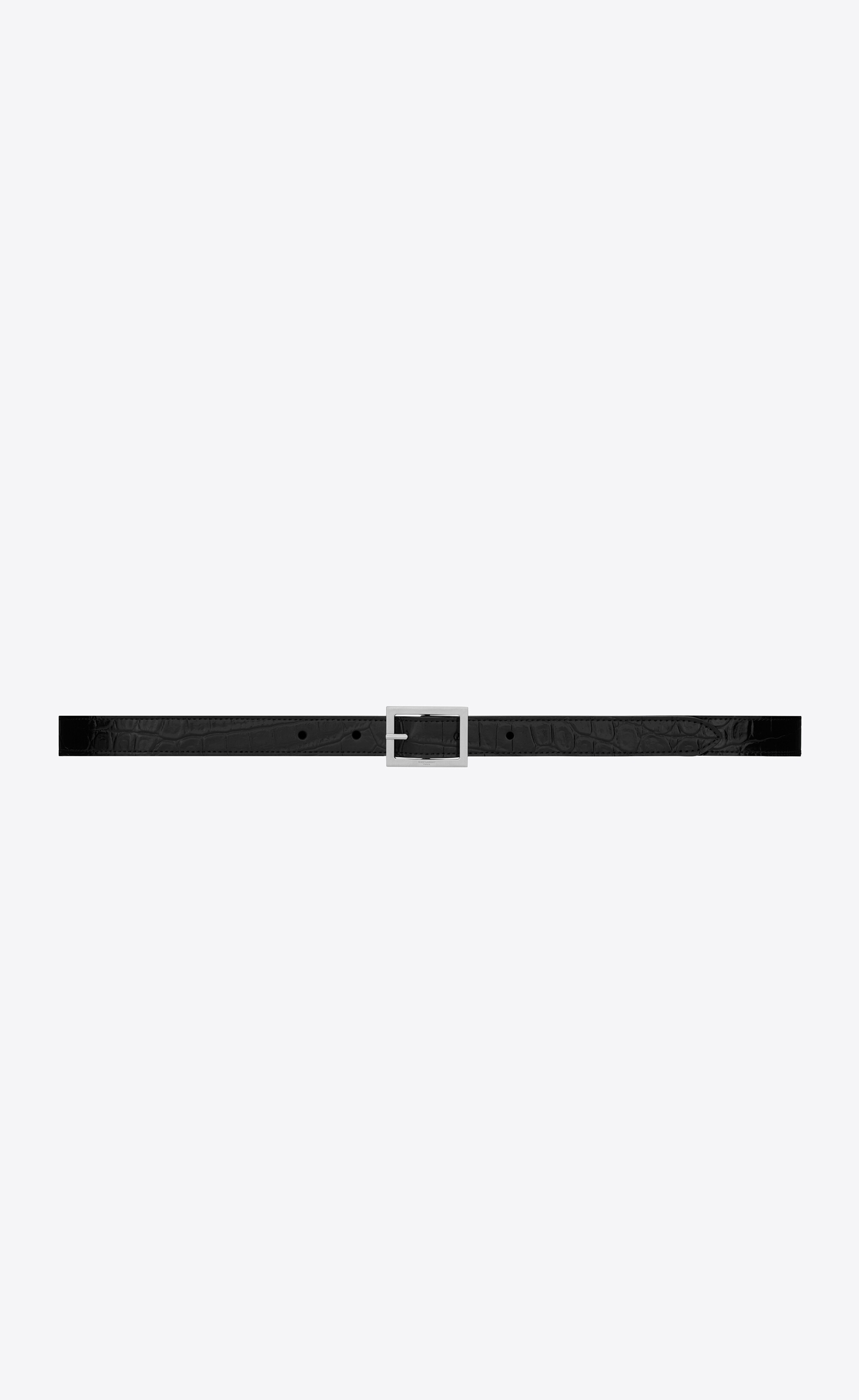 rectangular buckle thin belt in lacquered crocodile-embossed leather - 1