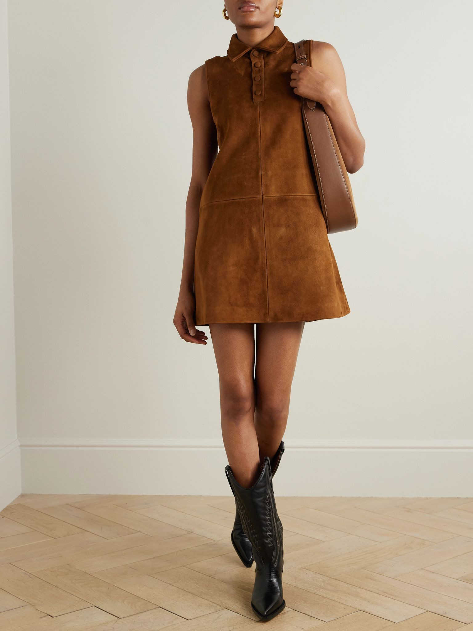 Paneled suede mini shirt dress Tan - 2