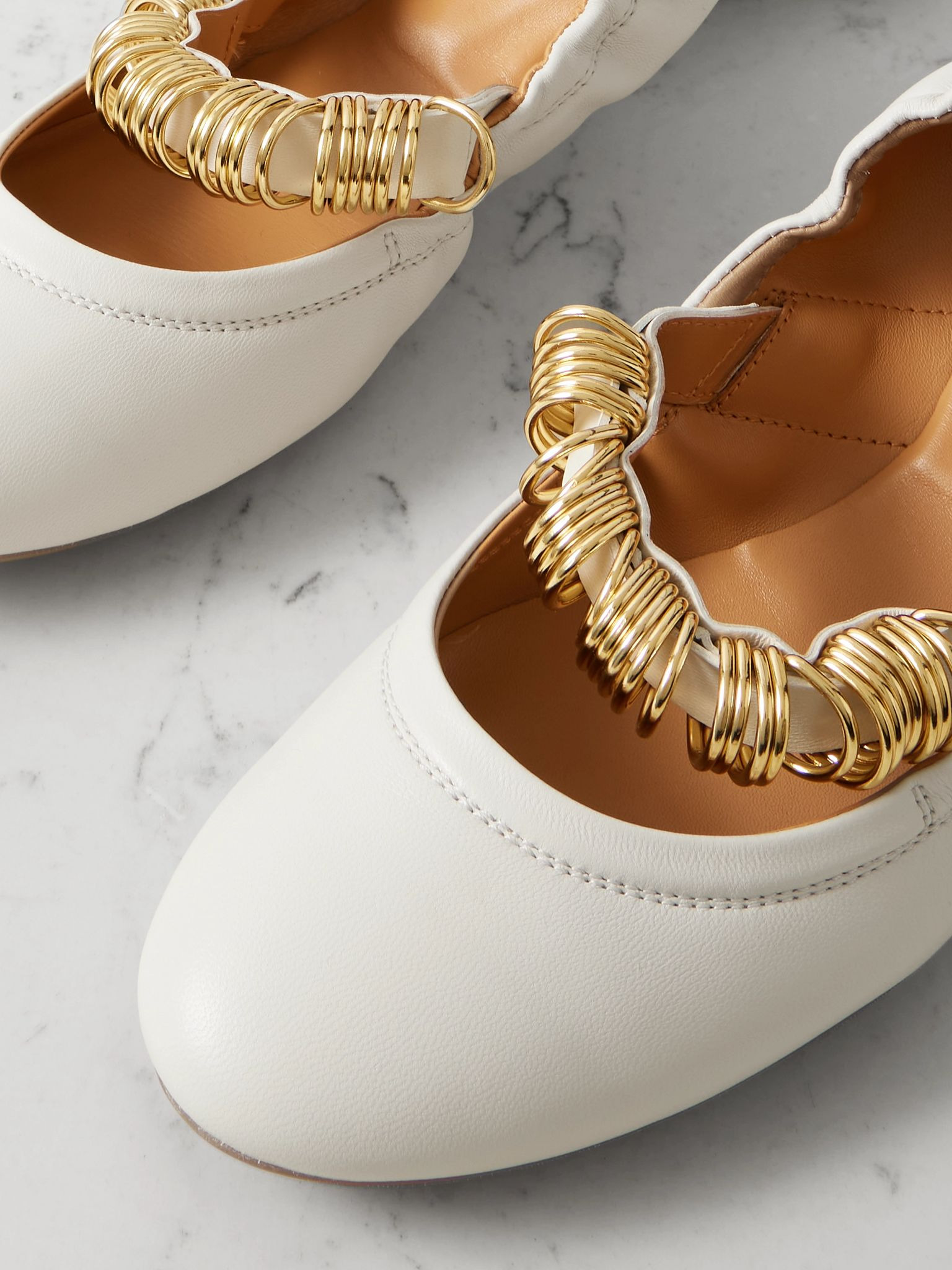 Ballerina embellished leather flats Cream - 4