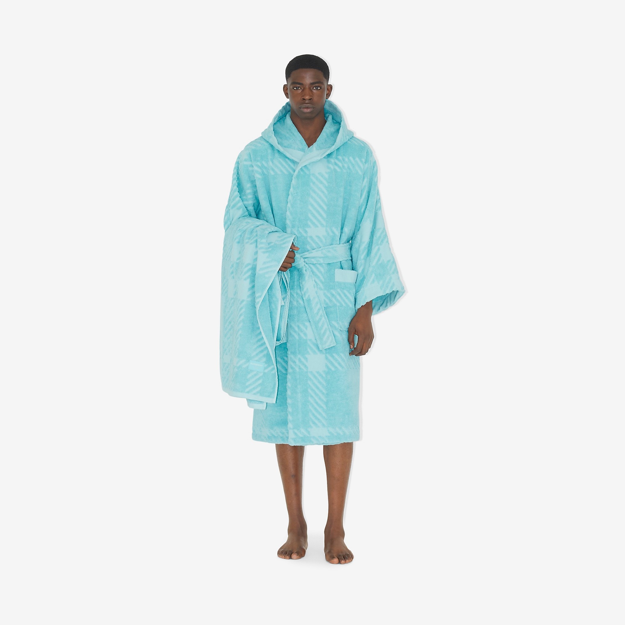 Check Cotton Jacquard Hooded Robe - 7