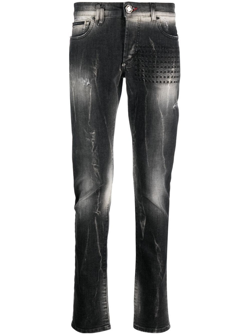 Skull&Bones-embroidered faded jeans 1