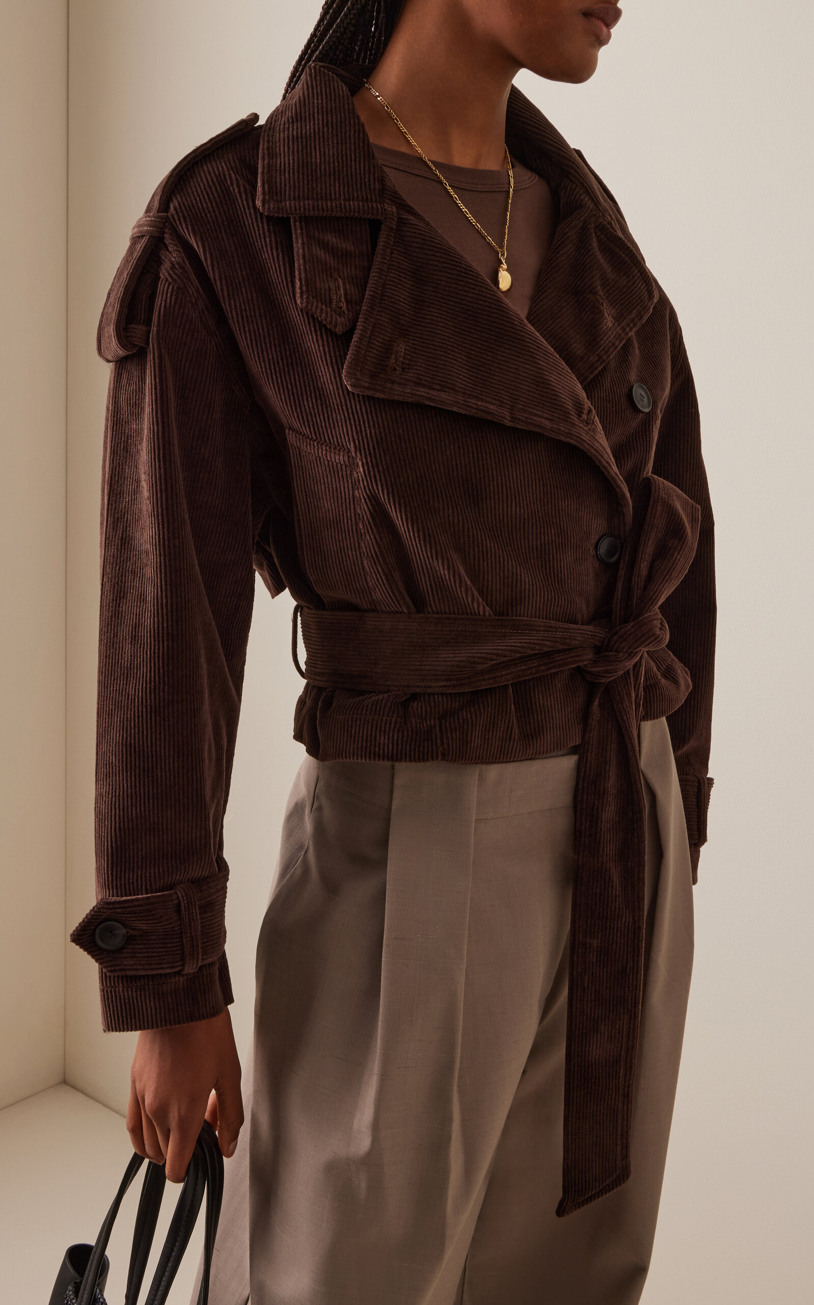 Favi Cropped Corduroy Trench Coat brown - 3