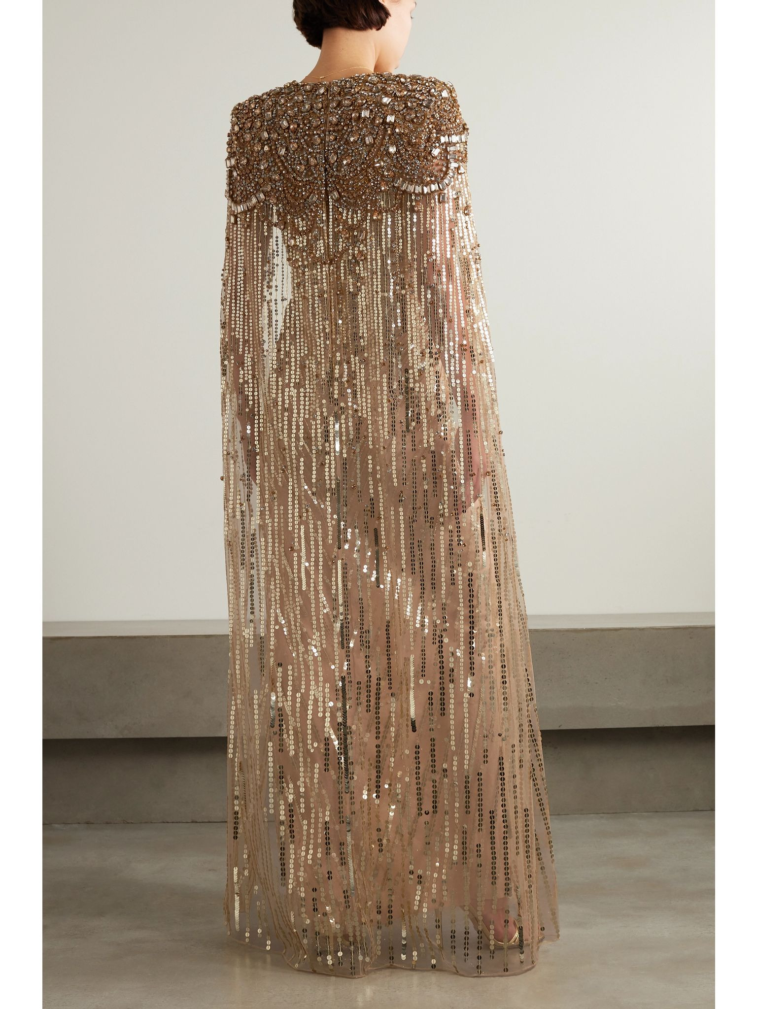 Lotus cape-effect embellished sequined tulle gown Gold - 3