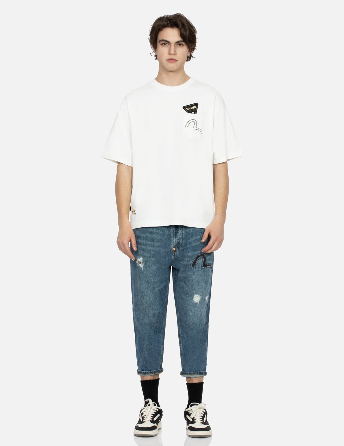 Washed and Distressed Seagull Patchwork and Logo Embroidery Cropped Jeans #2027 - 5