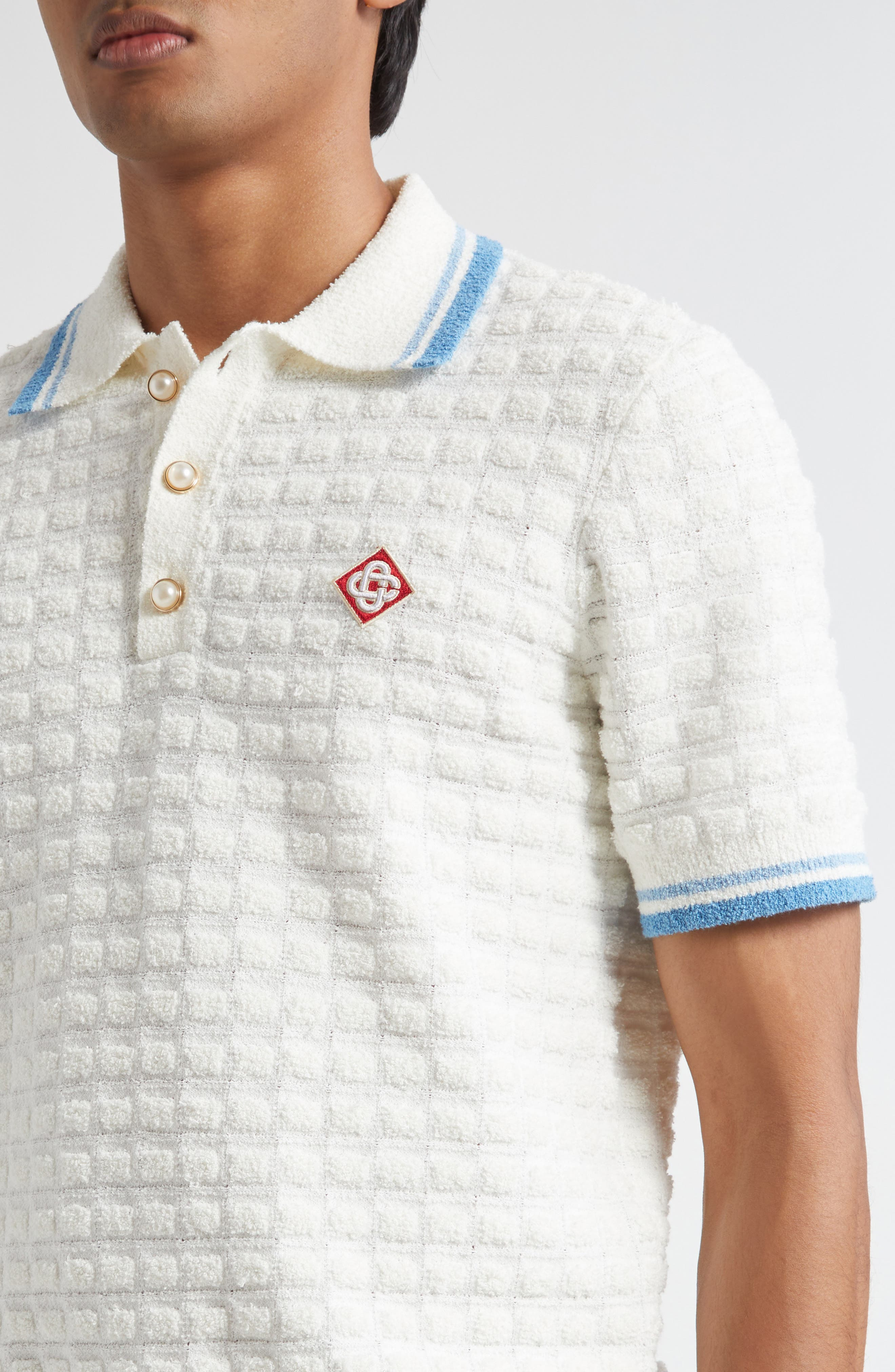 Casablanca Tipped Cotton Blend Bouclé Polo Sweater in White at Nordstrom - 4