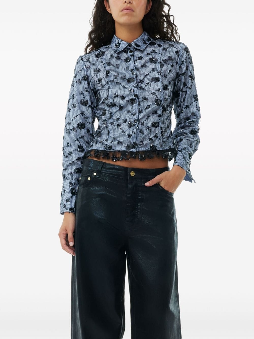 waxed-finish wide-leg jeans - 5