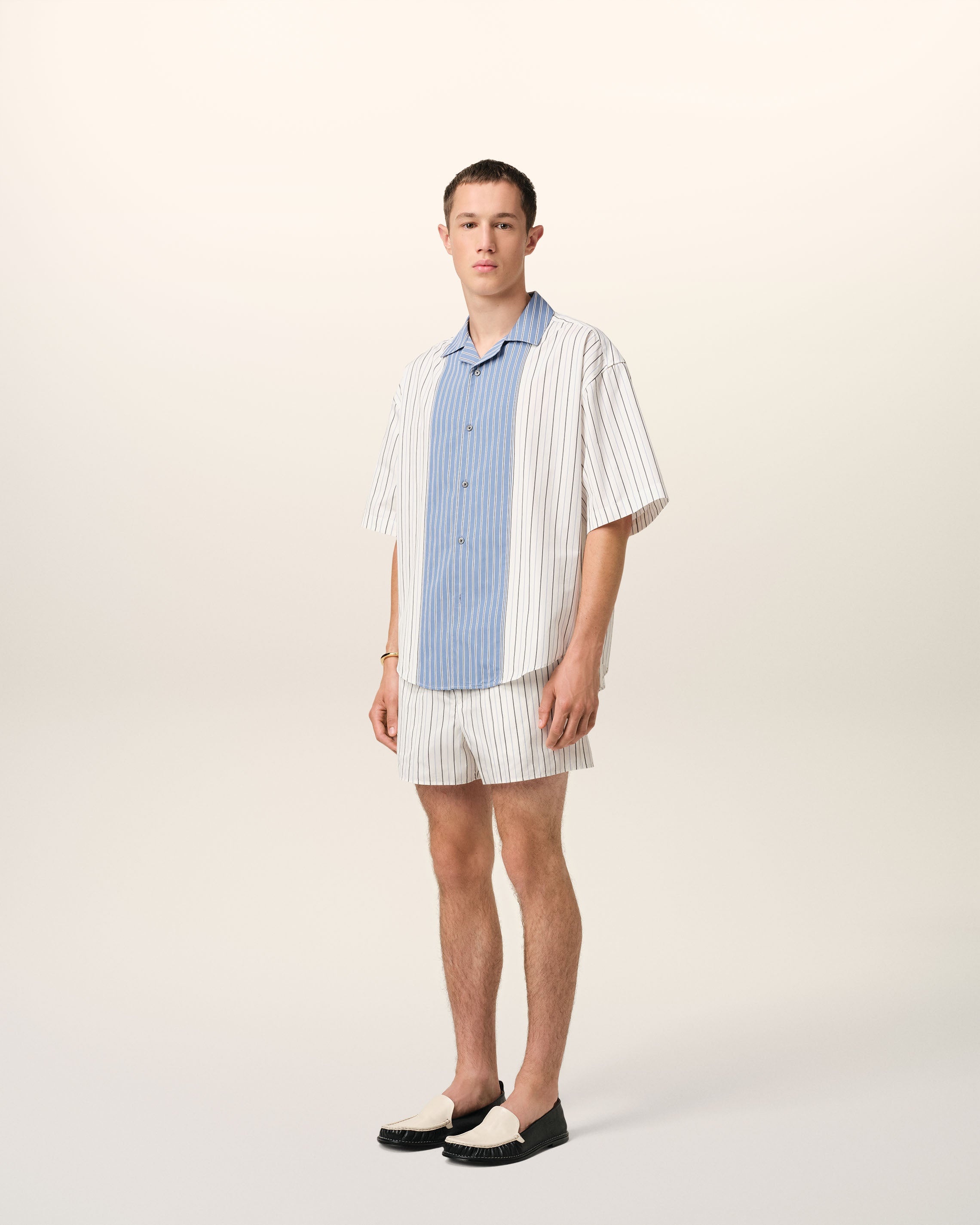WHITE AND BLUE COTTON SHORT SLEEVE BOXY SHIRT - 6