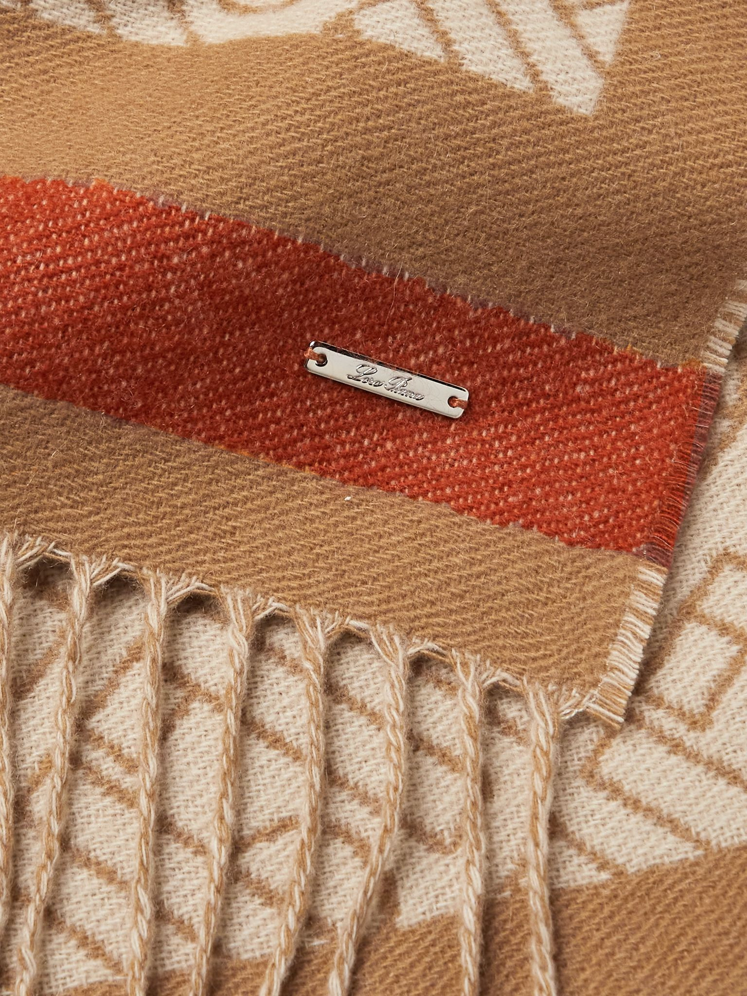 Fringed Logo-Jacquard Cashmere Scarf Tan - 3