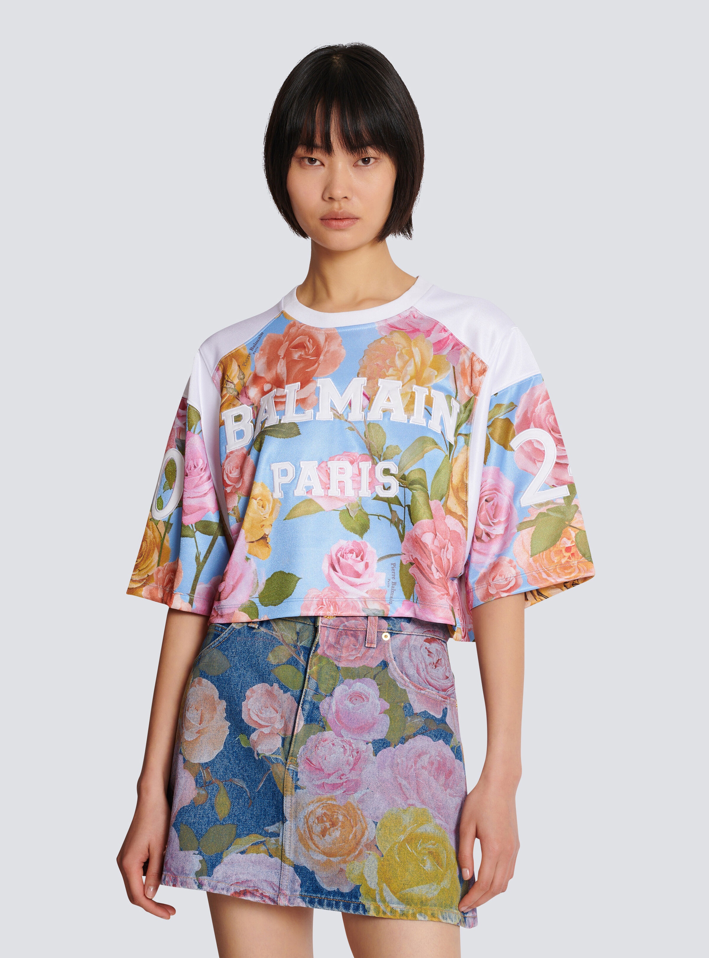 Balmain Baseball T-shirt with Pastel Roses print - 6