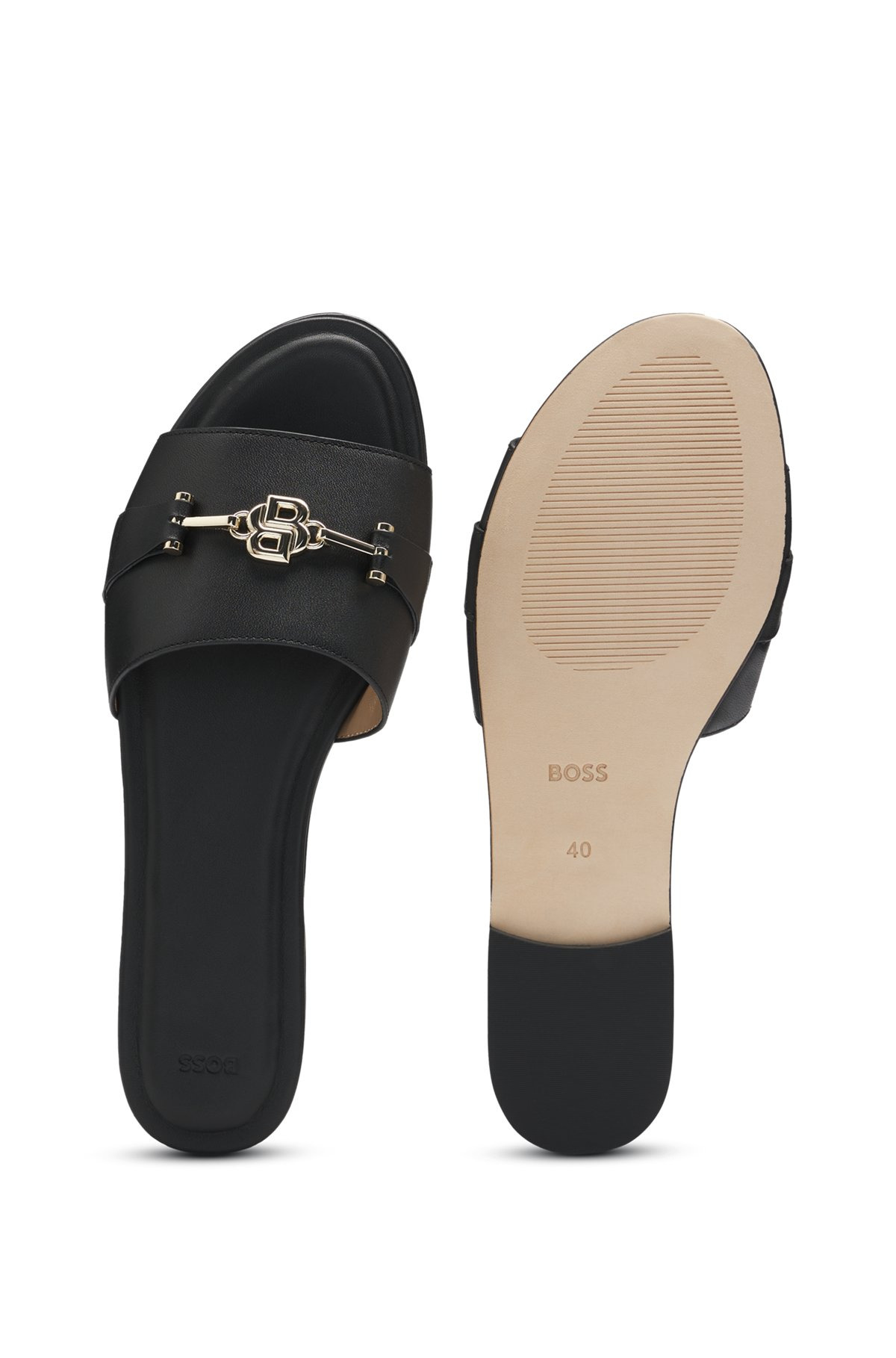 LEATHER SLIDES WITH GOLD-TONE DOUBLE B MONOGRAM - 5