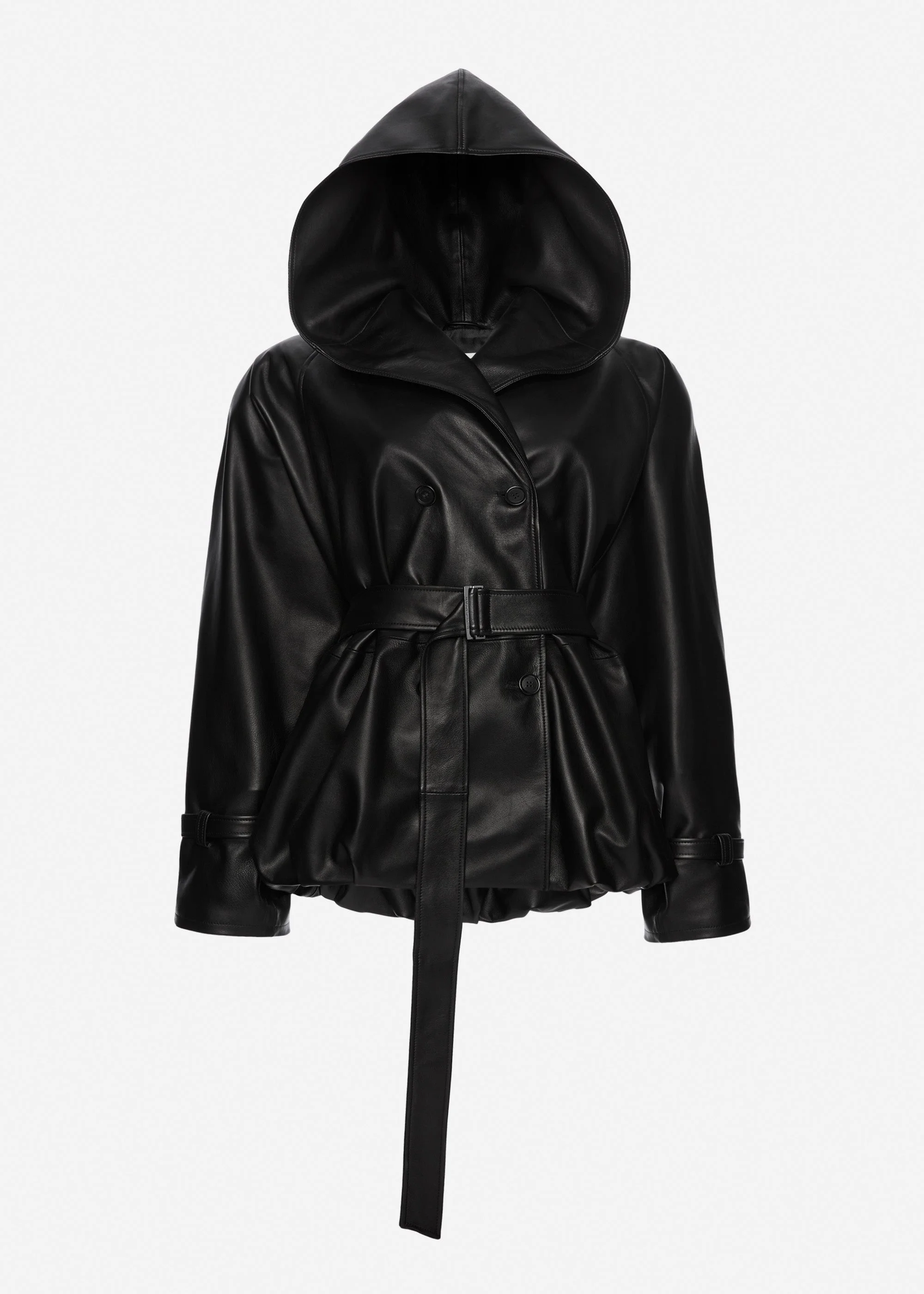 Hooded belted bubble jacket in black leather - 1