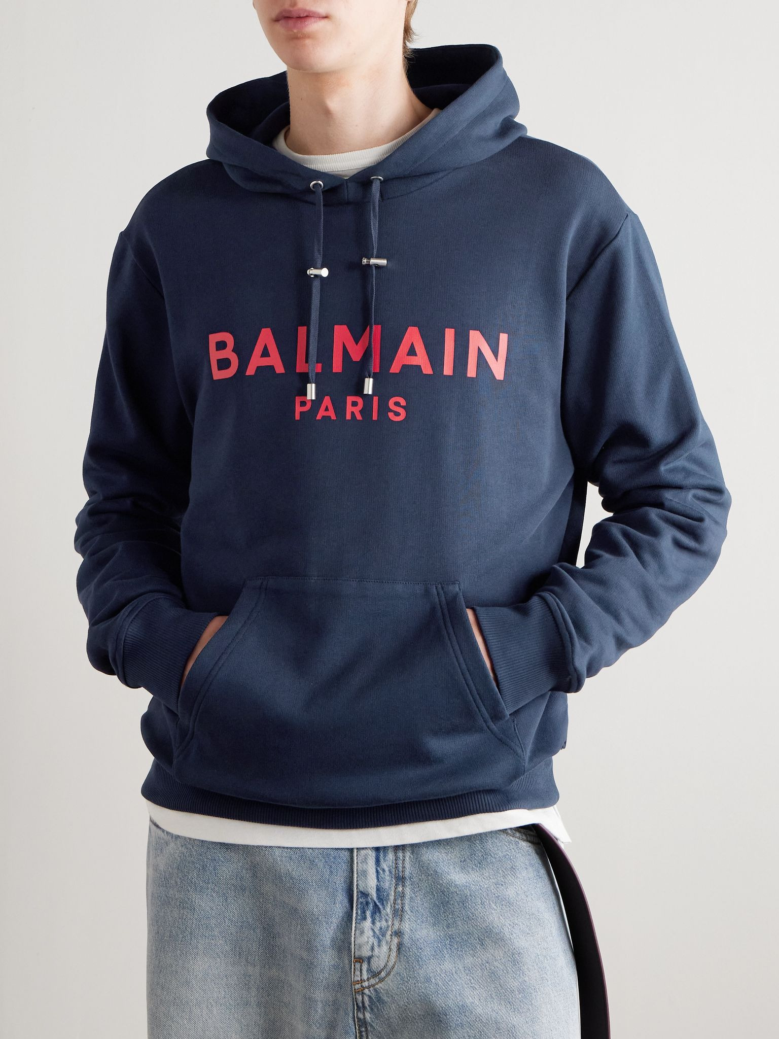 Logo-Print Stretch Cotton-Blend Jersey Hoodie Navy - 3