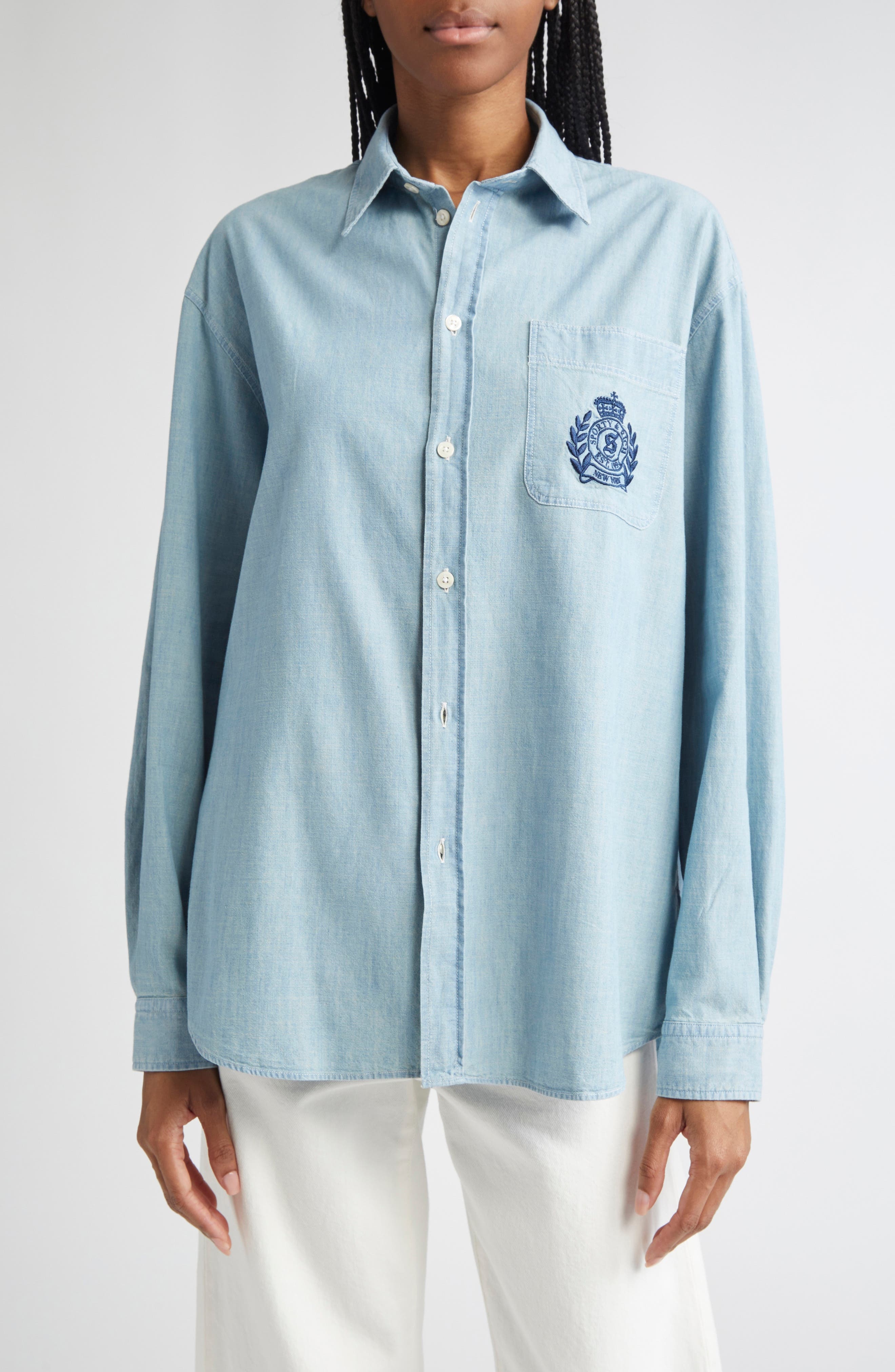 Sporty & Rich Embroidered Crest Oversize Chambray Button-Up Shirt at Nordstrom - 1