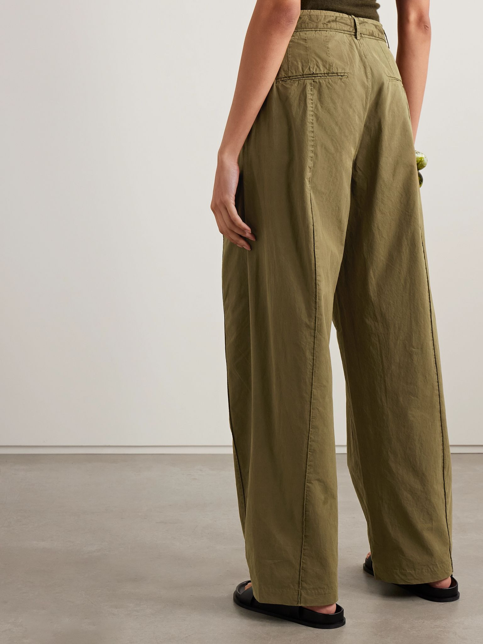 Belted paneled cotton wide-leg pants Army green - 3