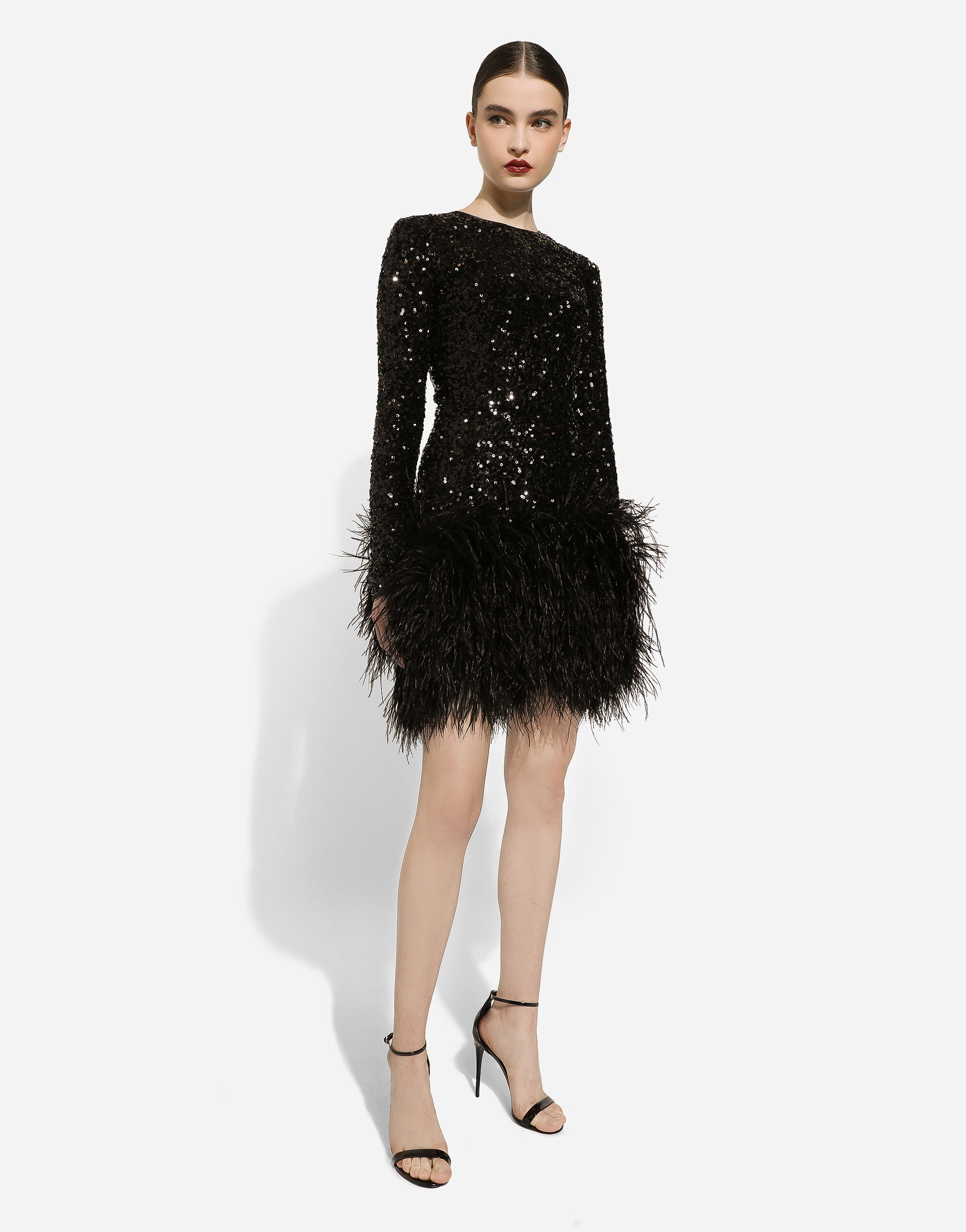 Short sequined dress with feather trim - 5