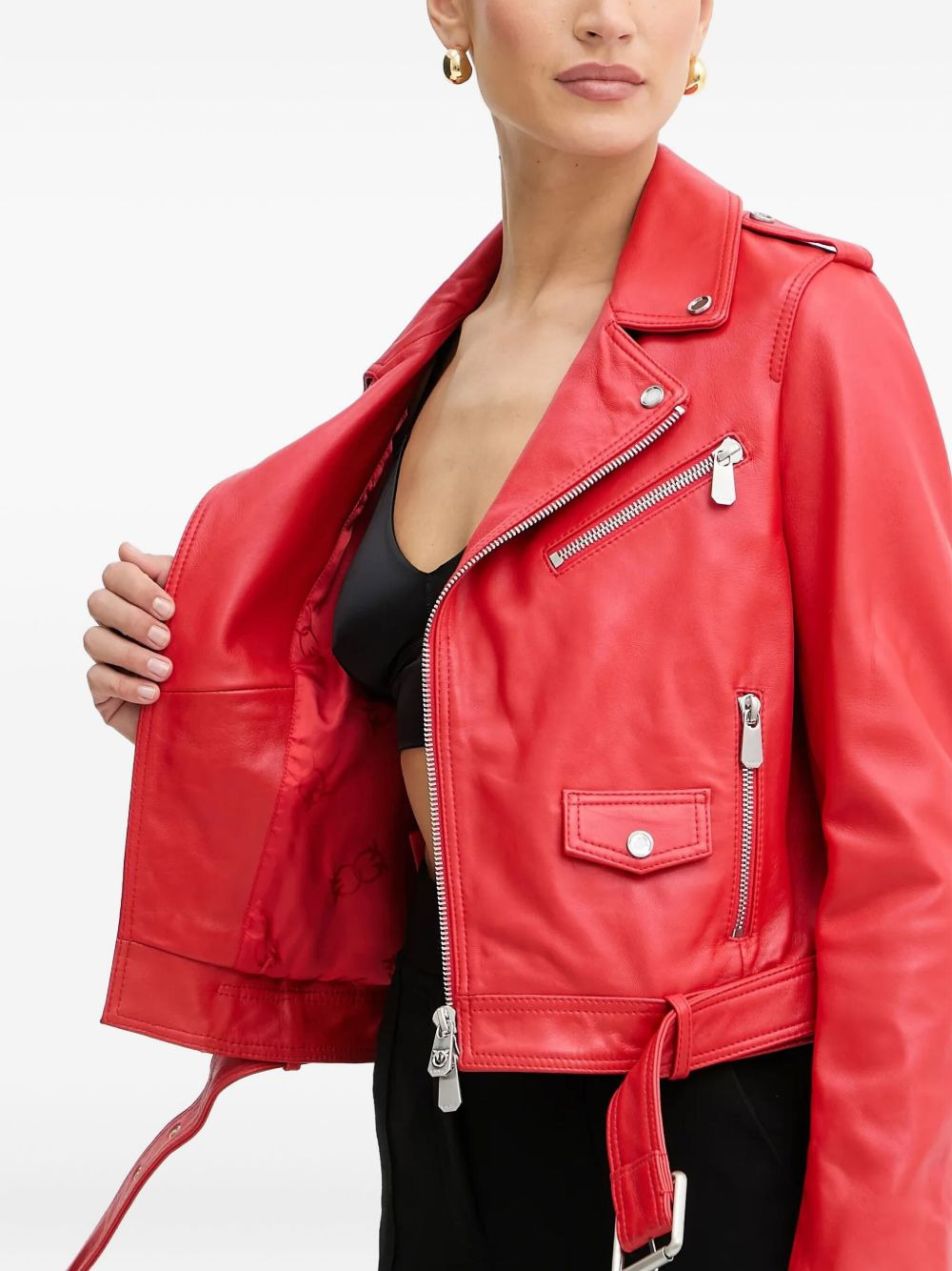 belted zip-front leather biker jacket - 5