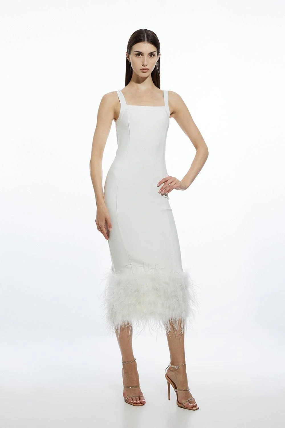 Figure Form Bandage Feather Hem Knit Midi Dress - 1