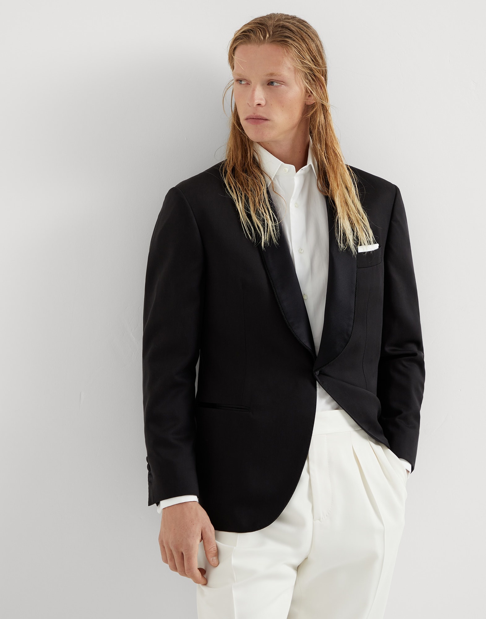 Délavé silk twill tuxedo jacket with shawl lapels and piping - 1