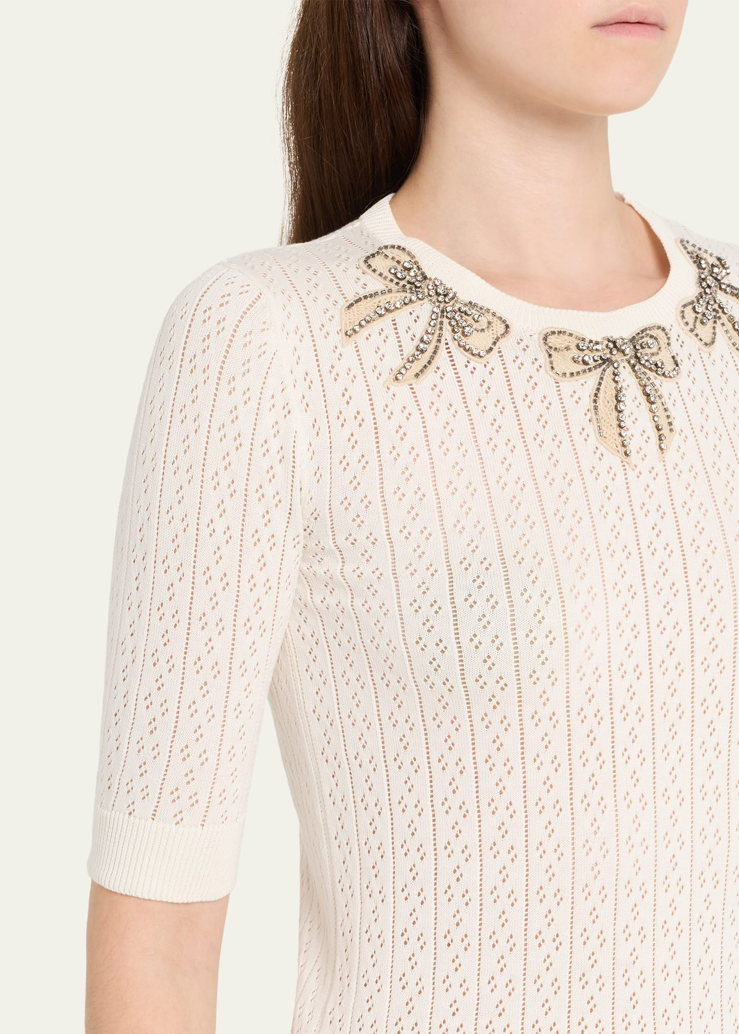 Crystal Bow Collar Short-Sleeve Pointelle Knit Top - 5