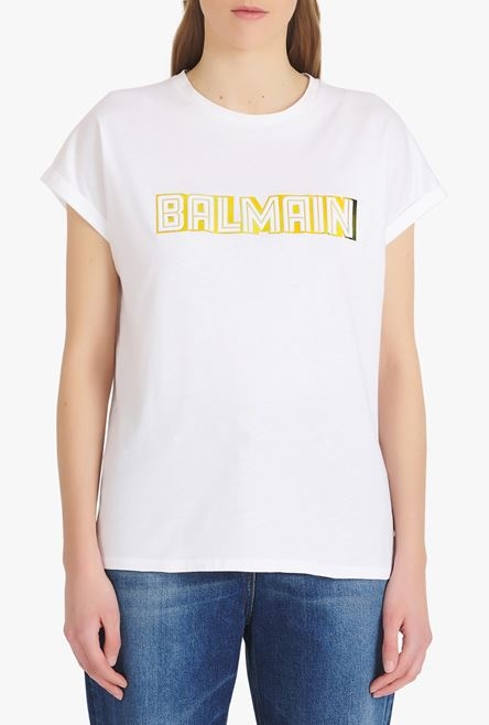 White cotton T-shirt with gold Balmain logo - 5