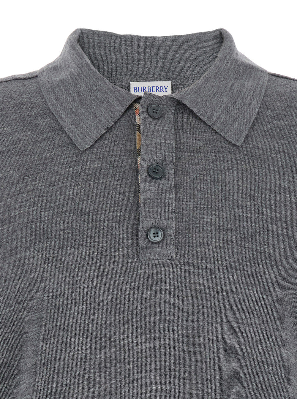 Burberry Men Grey Polo Shirt With Classic Collar And Check Motif On The Collar In Wool Man - 3