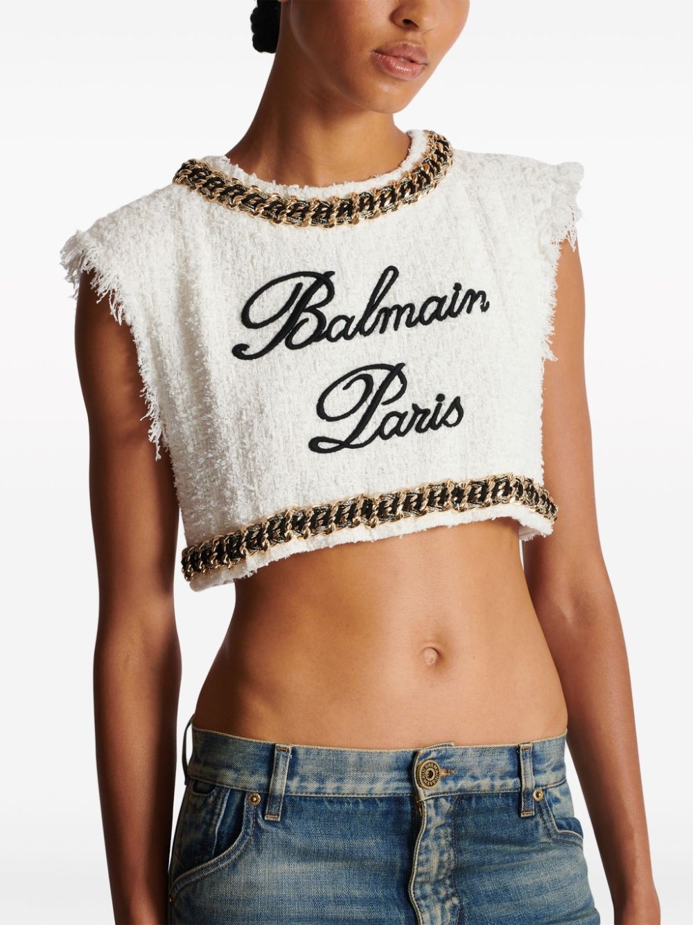 logo-embroidered tweed cropped top - 5