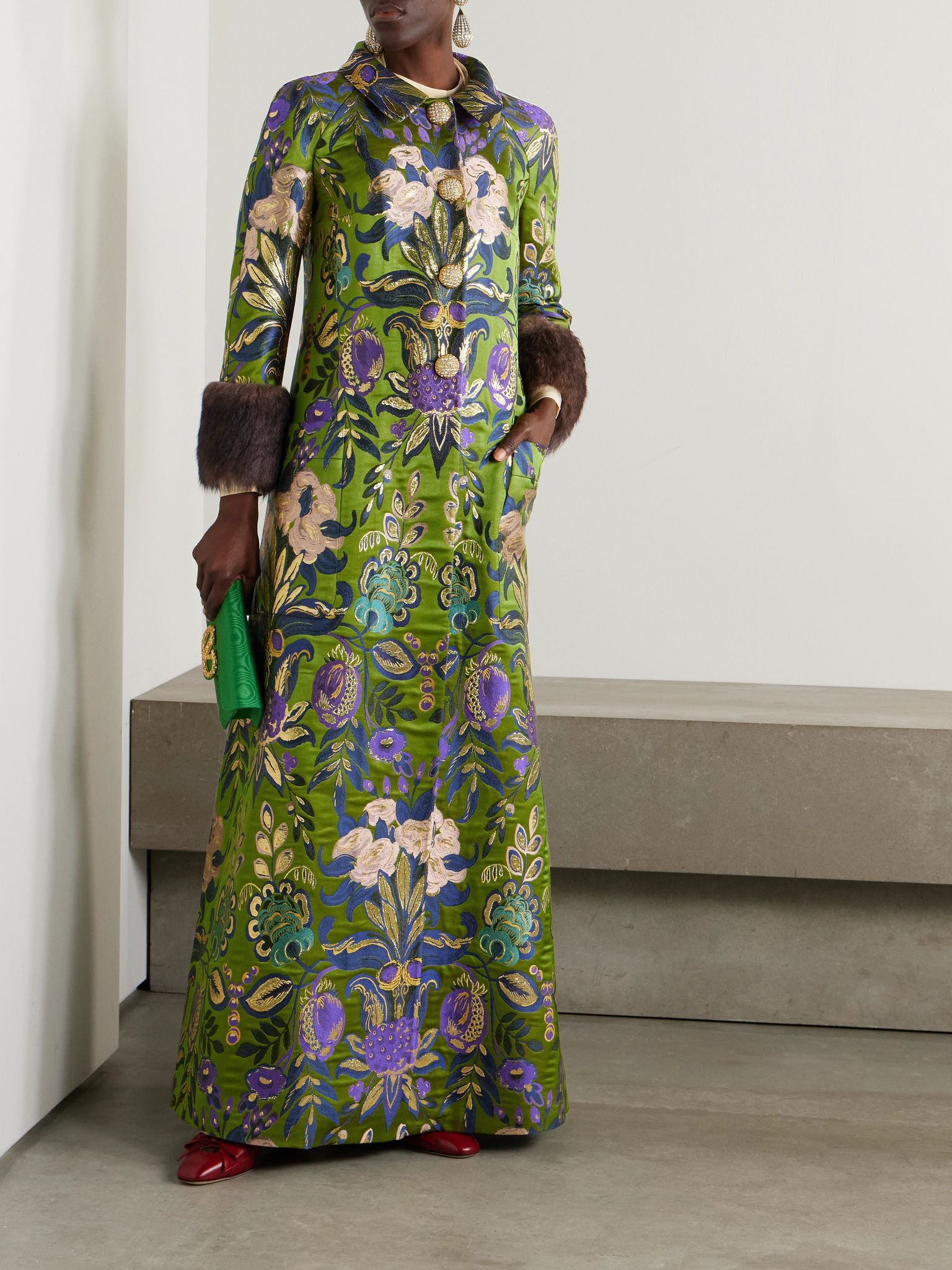 Après l'Hiver shearling-trimmed metallic brocade coat Green - 3