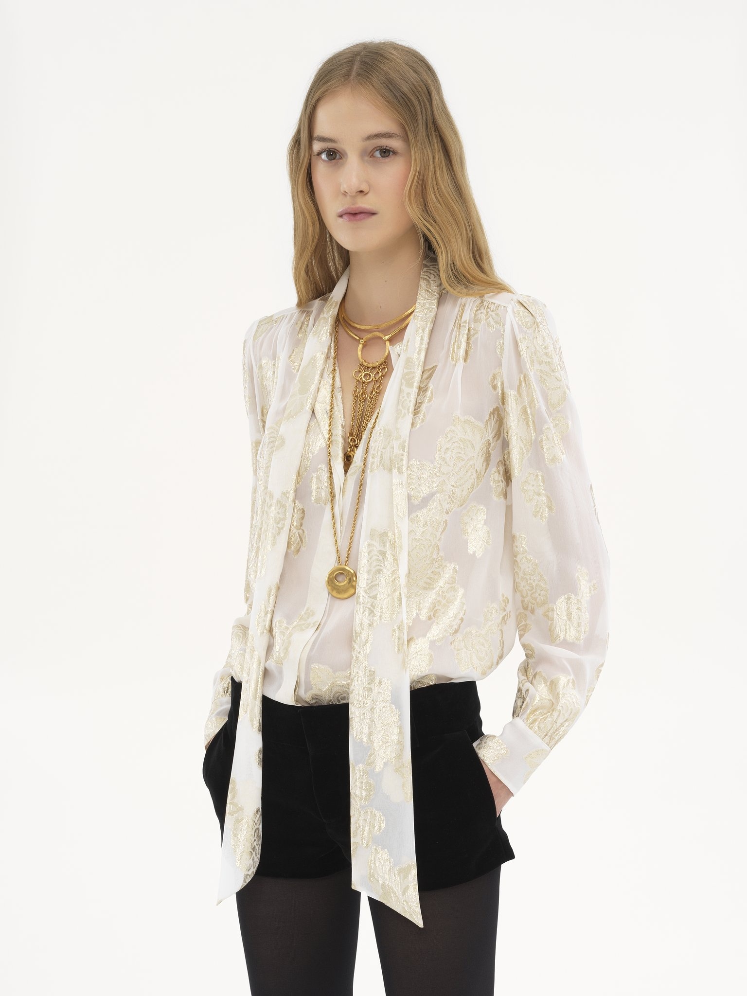 GATHERED LAVALLIÈRE BLOUSE IN SILK JACQUARD & LUREX - 4