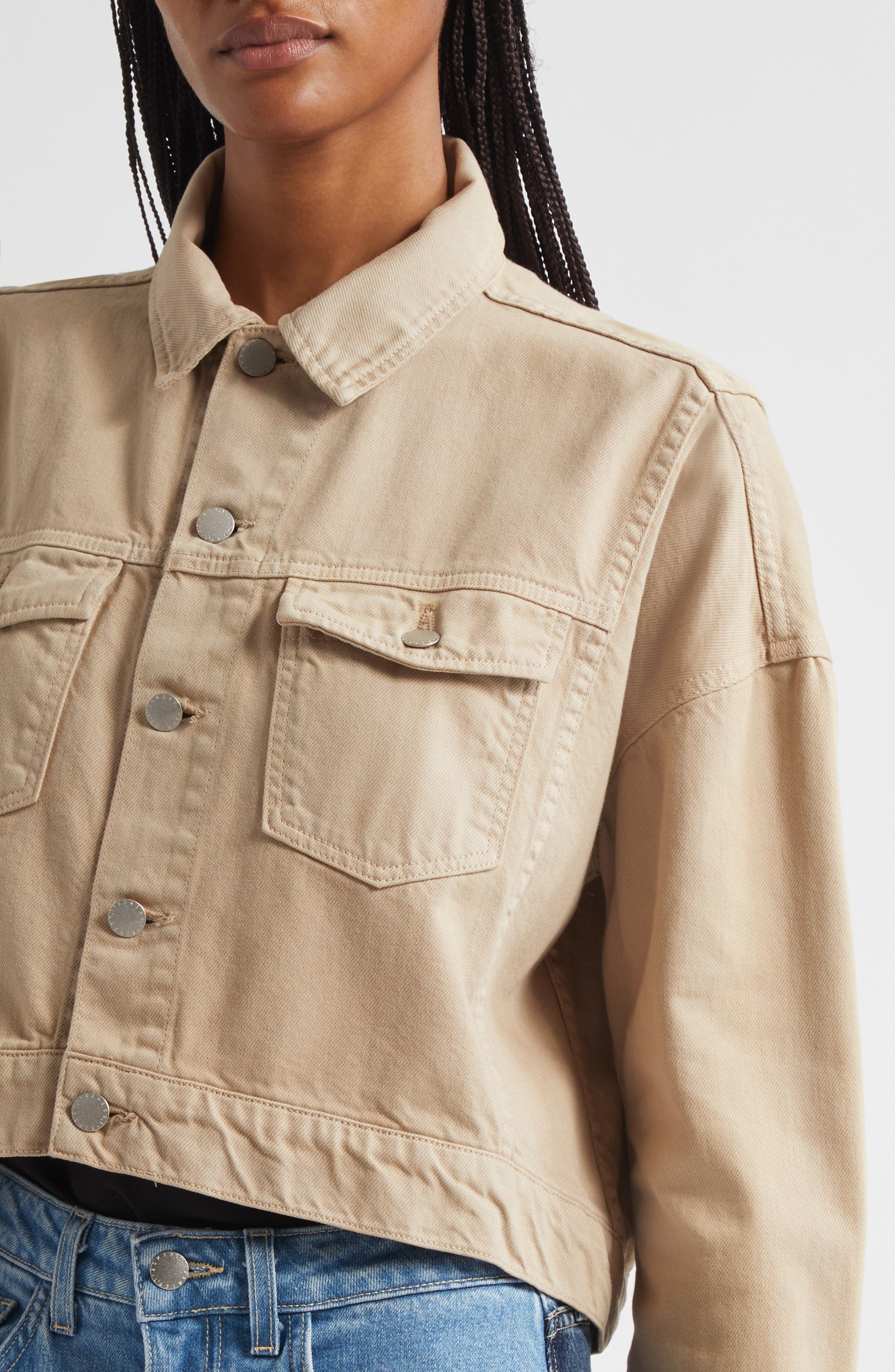 L'AGENCE Vianney High-Low Crop Denim Jacket in Pale Khaki at Nordstrom - 4
