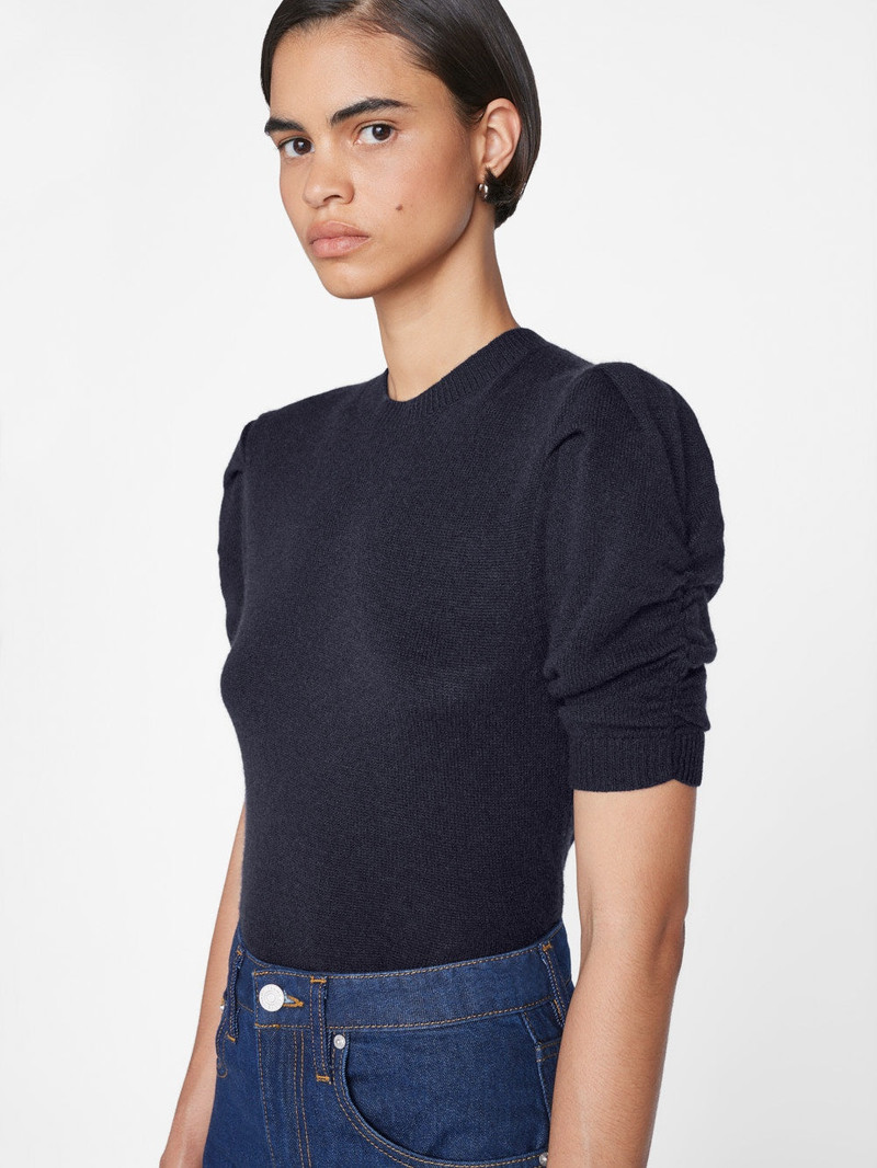 FRAME Ruched Sleeve Cashmere Sweater in Navy outlook