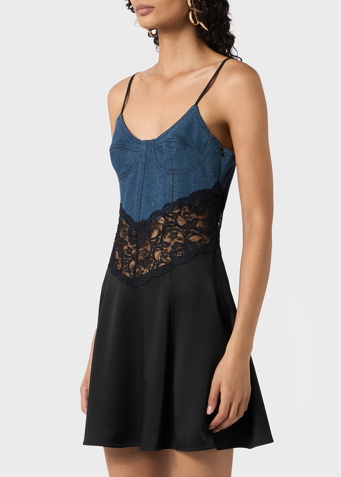 DENIM AND SATIN DRESS WITH LACE INSERT - 5