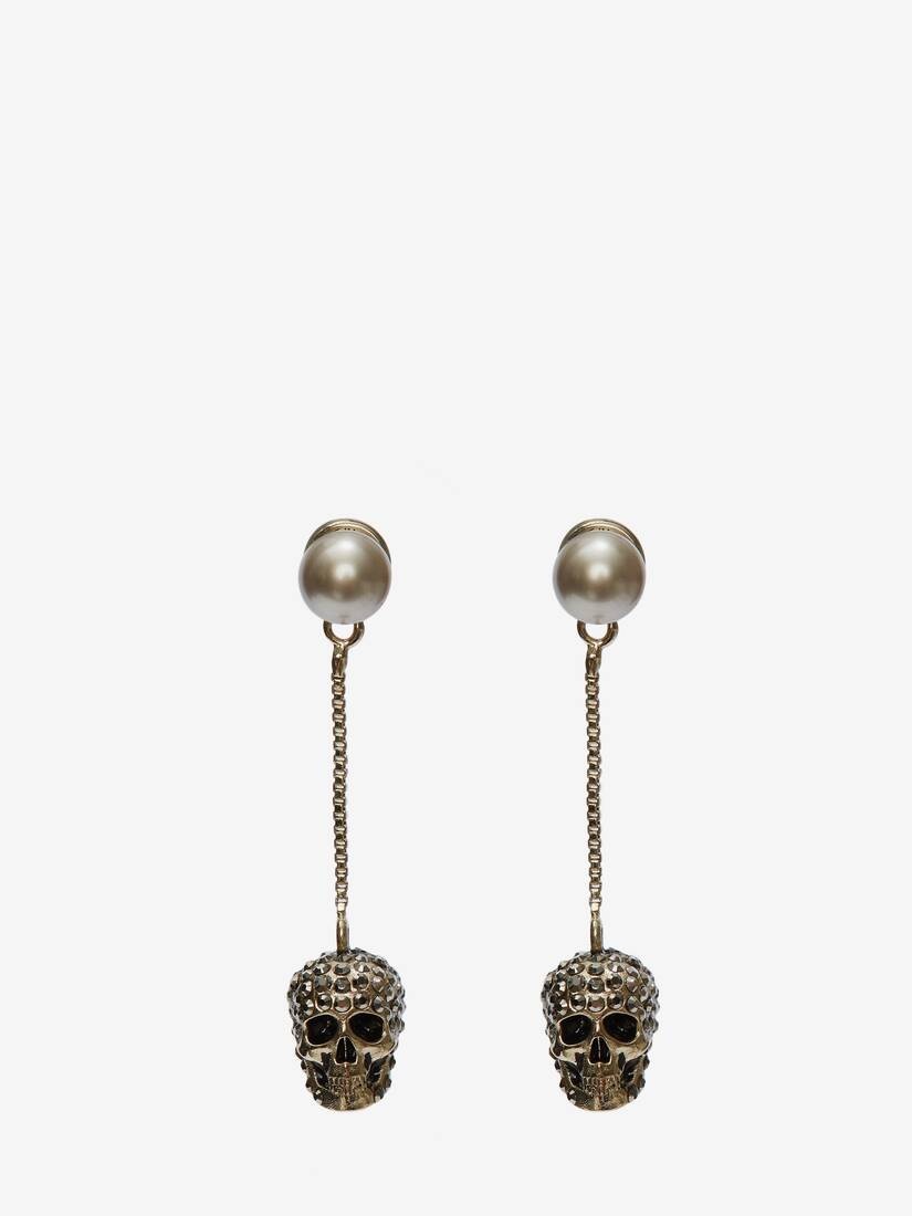 Pave Skull Chain Earrings in Gold - 1