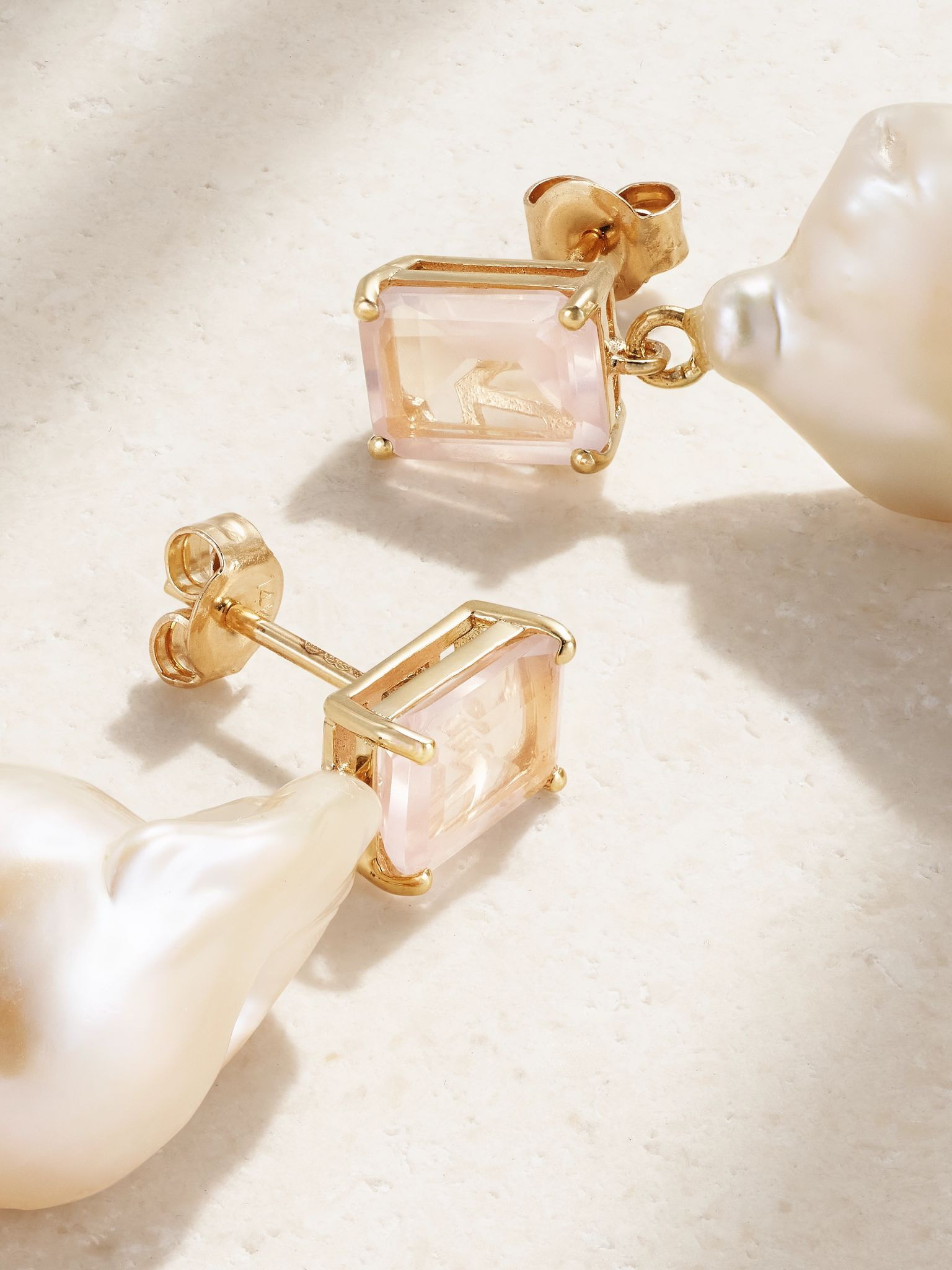 14-karat gold, pearl and rose quartz earrings Gold - 3