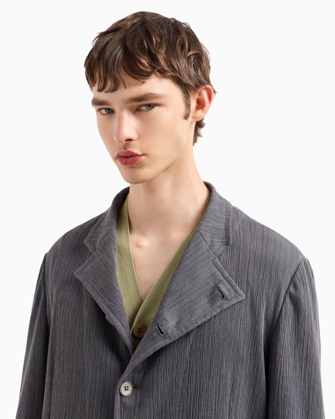 GURU-COLLAR JACKET WITH OFF-CENTRE FASTENING IN BARK-EFFECT ARMURE FABRIC - 5